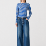 Bassike Bias Stripe Baby Long Sleeve T-Shirt in Cobalt and Greymarle - side view