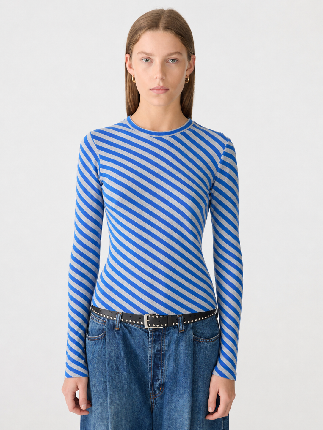 Bassike Bias Stripe Baby Long Sleeve T-Shirt in Cobalt and Greymarle