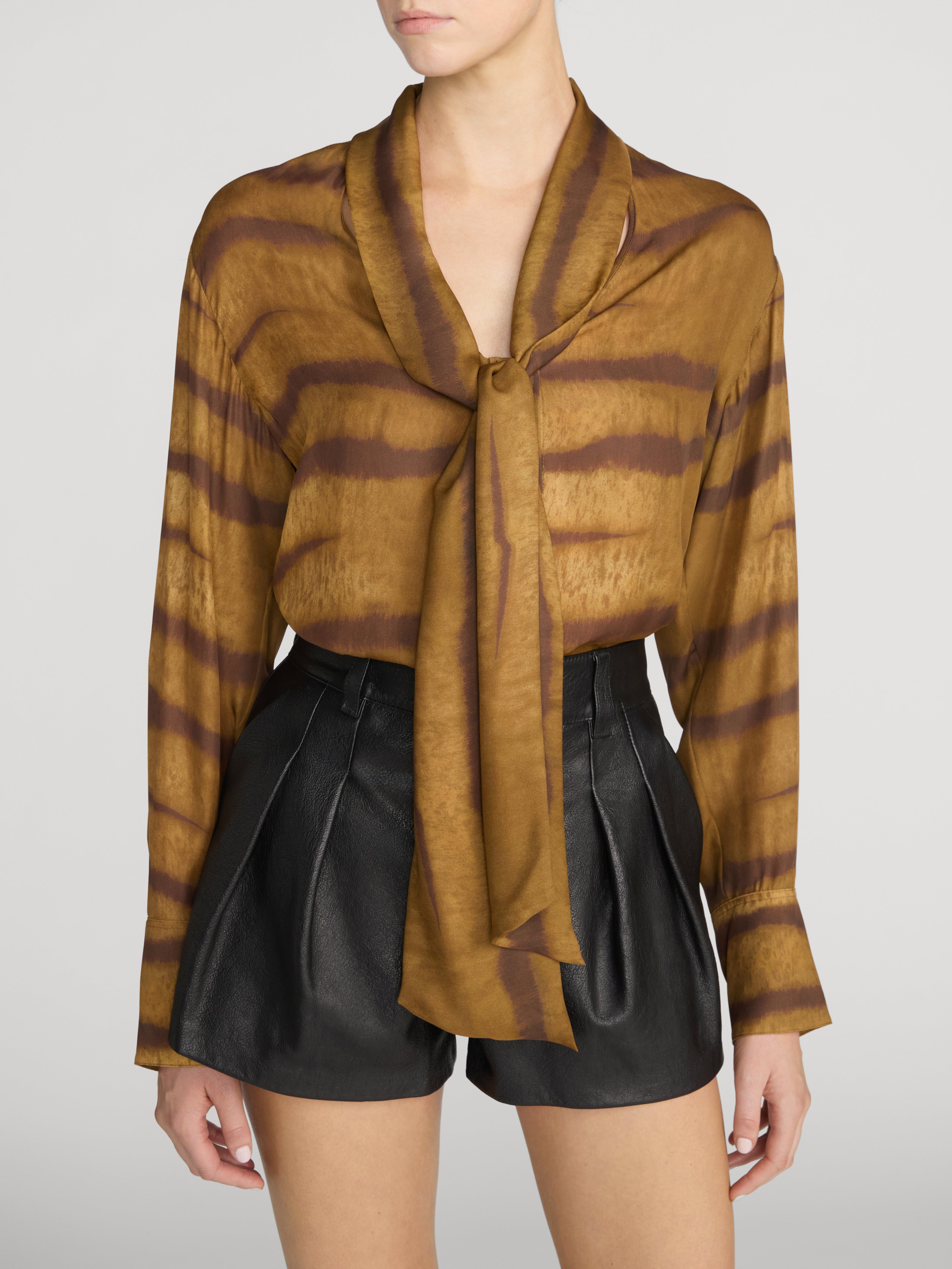 Frame The Silk Oversized Tie Shirt in Light Tiger Multi - detail view