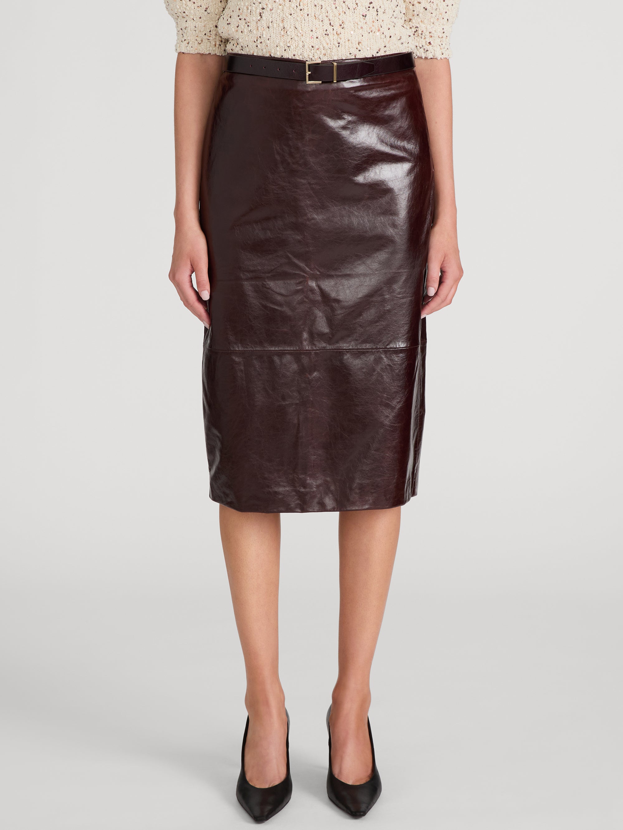 Frame The Veda Leather Skirt in Currant - detail view