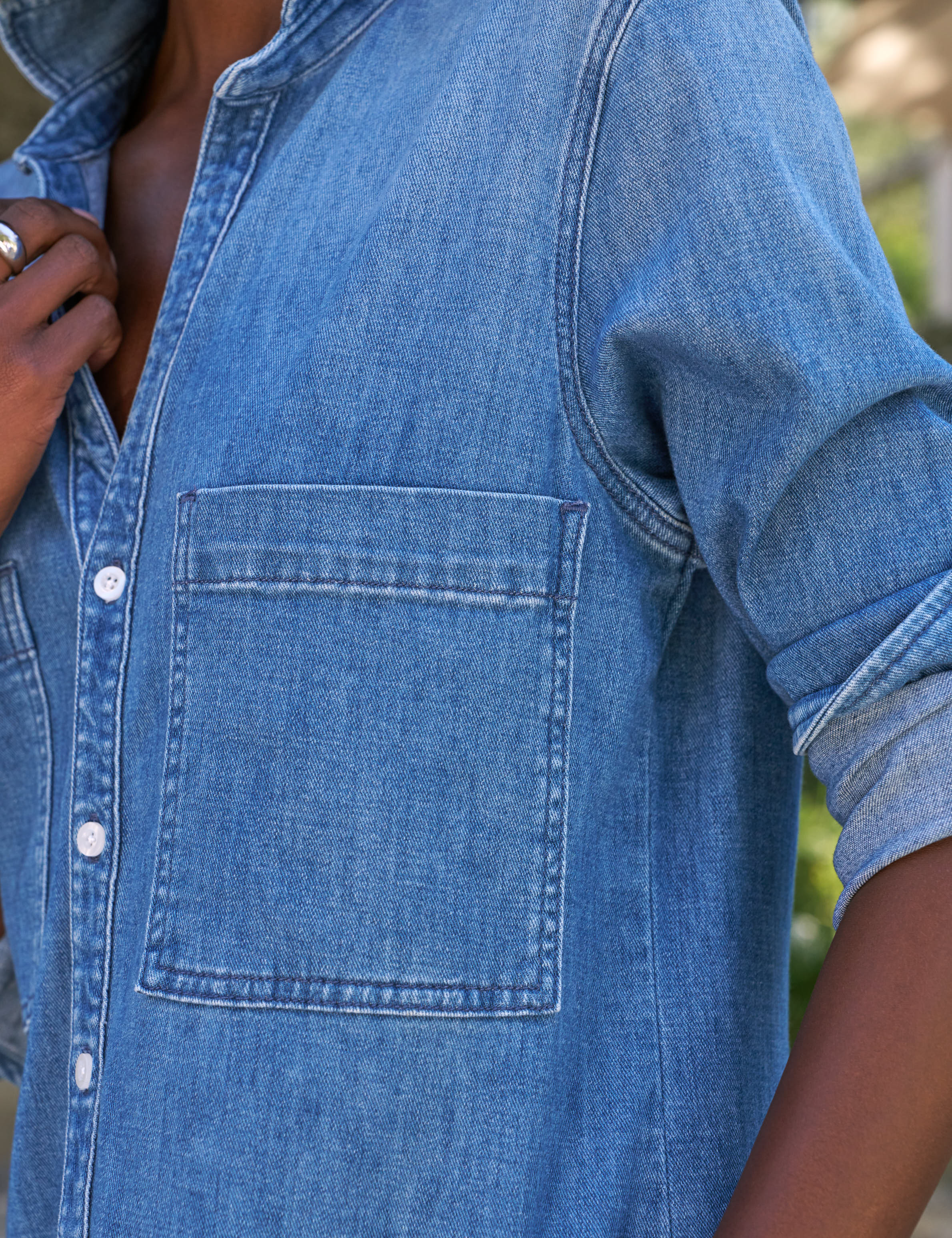 Frank & Eileen Ireland Dress in Blue with Light Wash - styled look