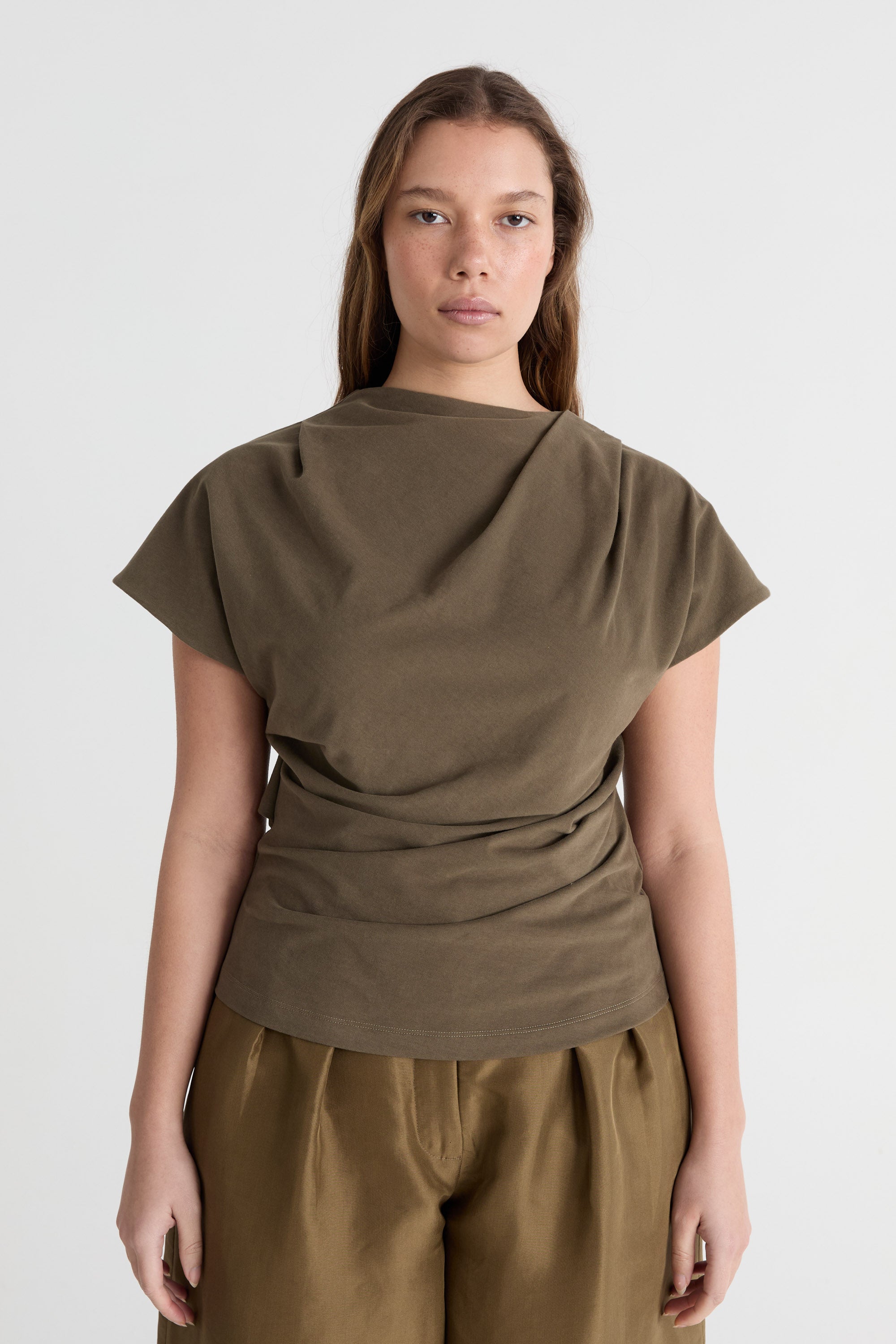 Friends With Frank The Phoebe Top in Khaki - close up
