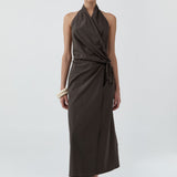 St Agni Halter Wrap Backless Dress in Wood