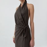 St Agni Halter Wrap Backless Dress in Wood