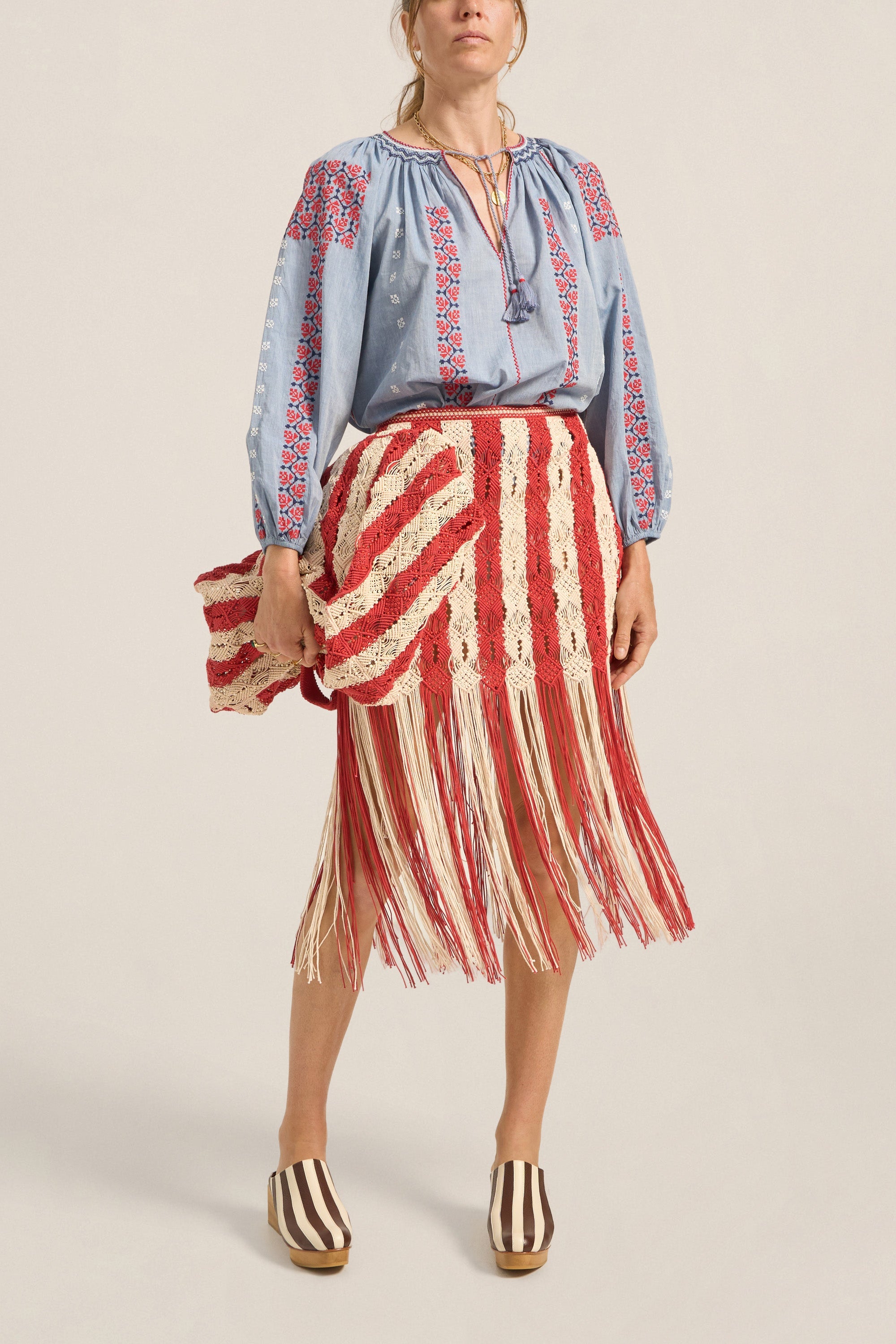 Ilio Nema Syracuse Skirt in Red and Cream Macrame
