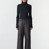 Bassike Leather Pull On Wide Leg Pant in Carob/Black Stripe - side view