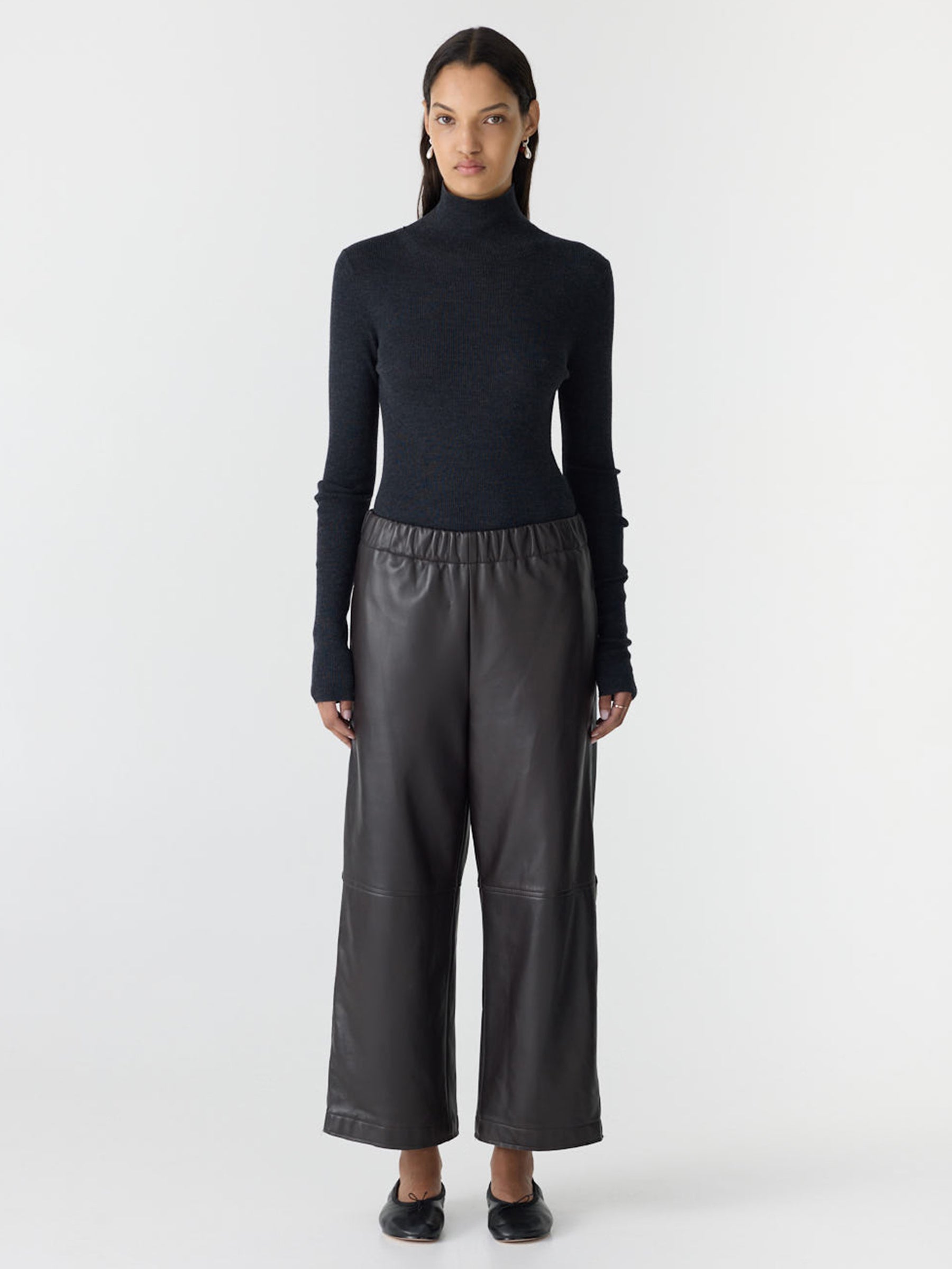 Bassike Leather Pull On Wide Leg Pant in Carob/Black Stripe - side view