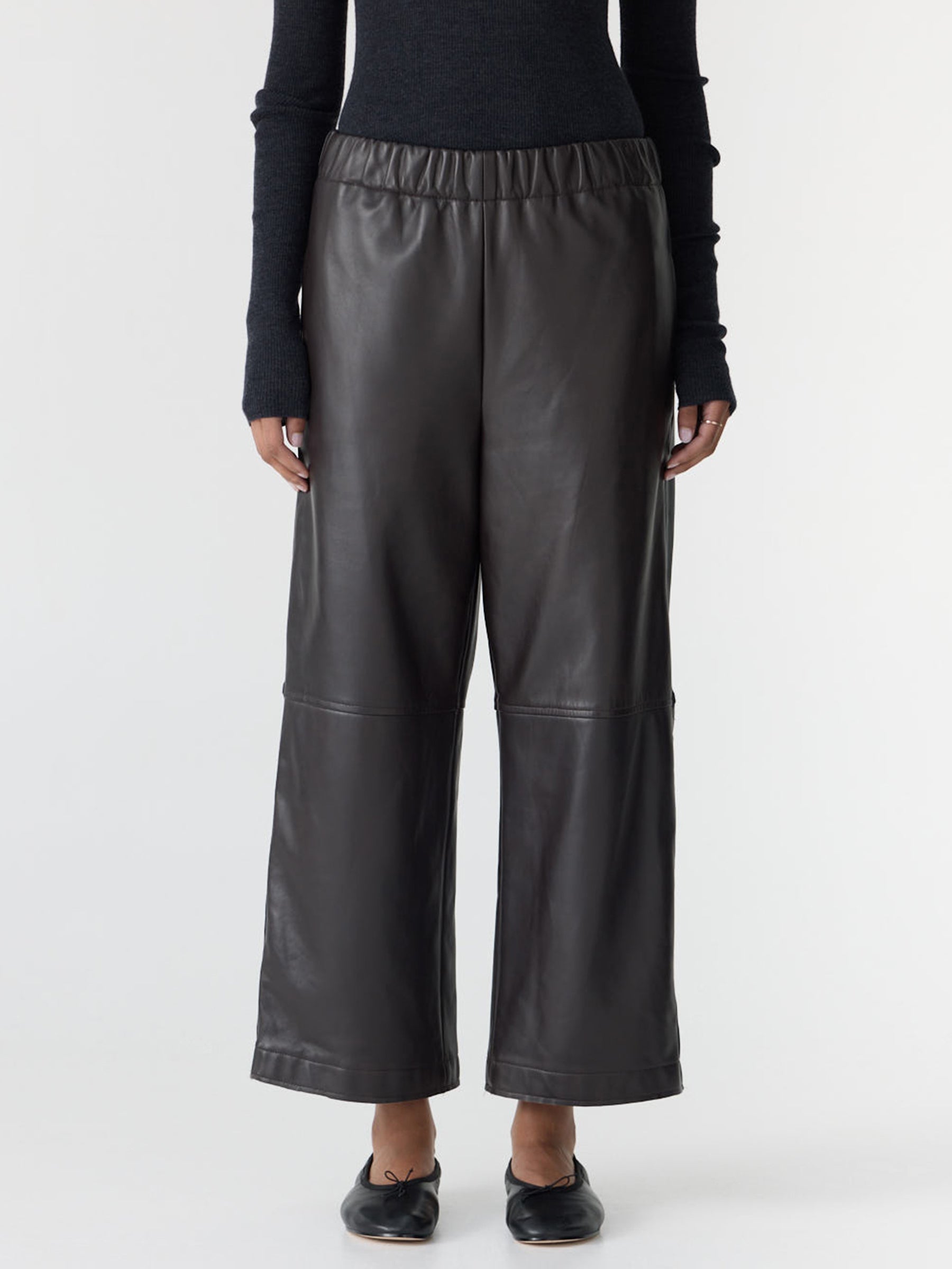 Bassike Leather Pull On Wide Leg Pant in Carob/Black Stripe - detail view