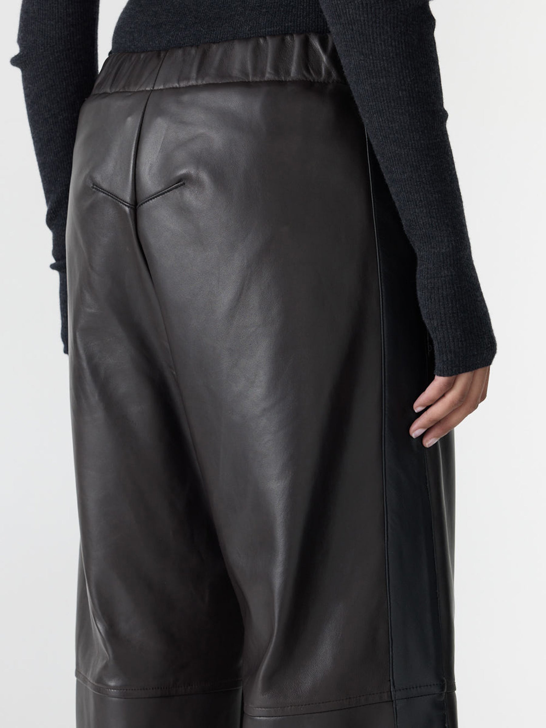 Bassike Leather Pull On Wide Leg Pant in Carob/Black Stripe - close up