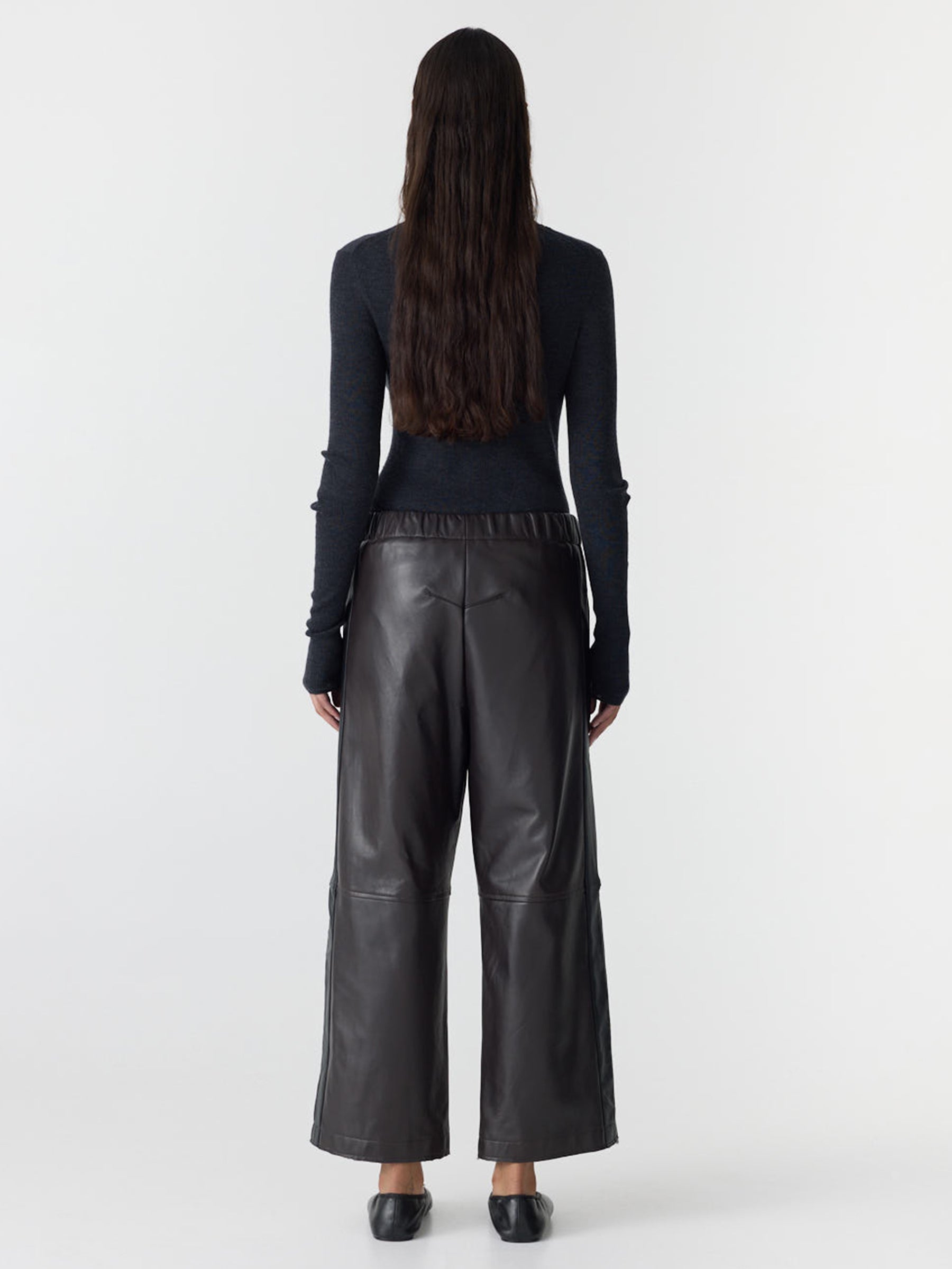Bassike Leather Pull On Wide Leg Pant in Carob/Black Stripe - styled look