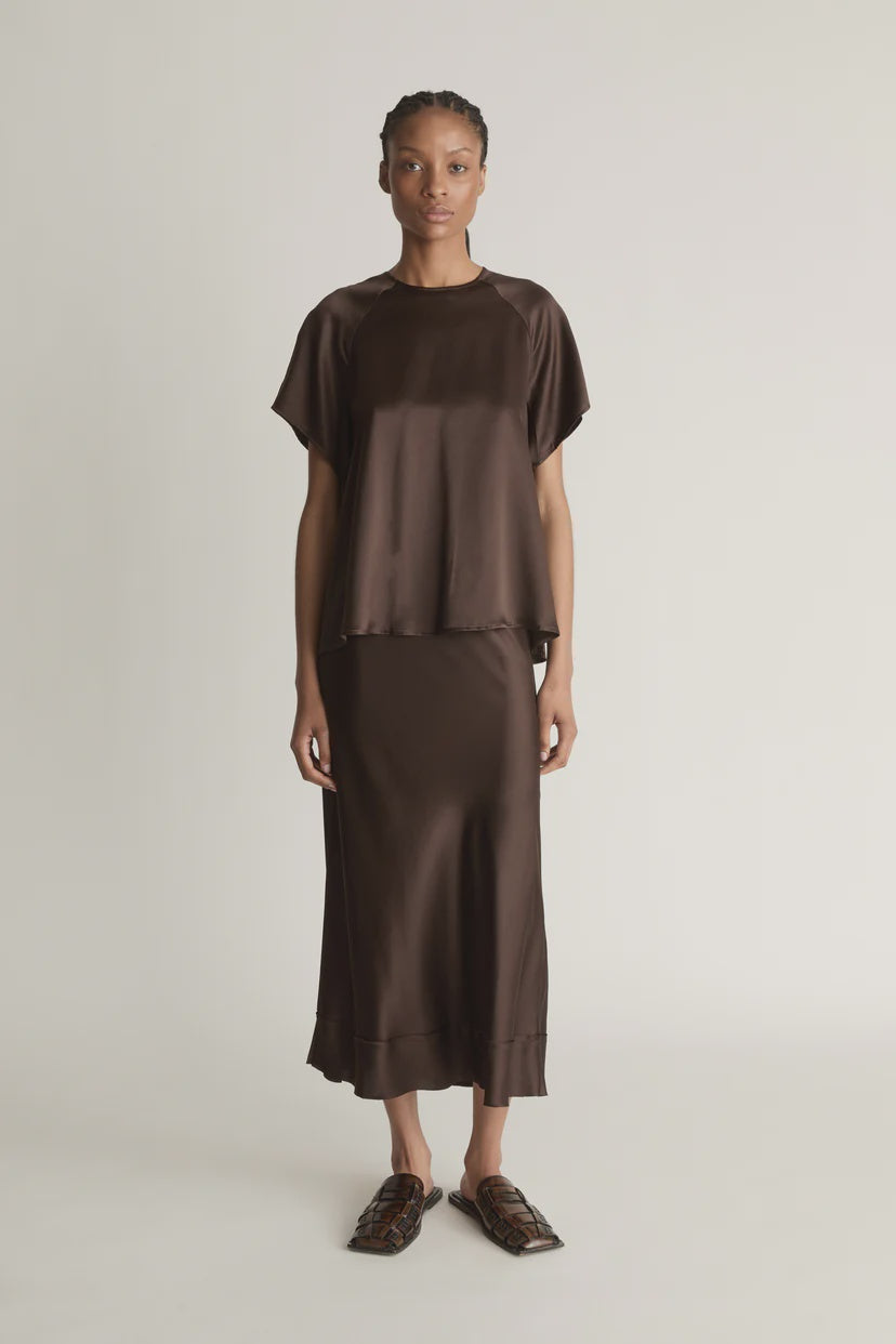 Lee Mathews Stella Silk Satin Raglan Tee in Chocolate