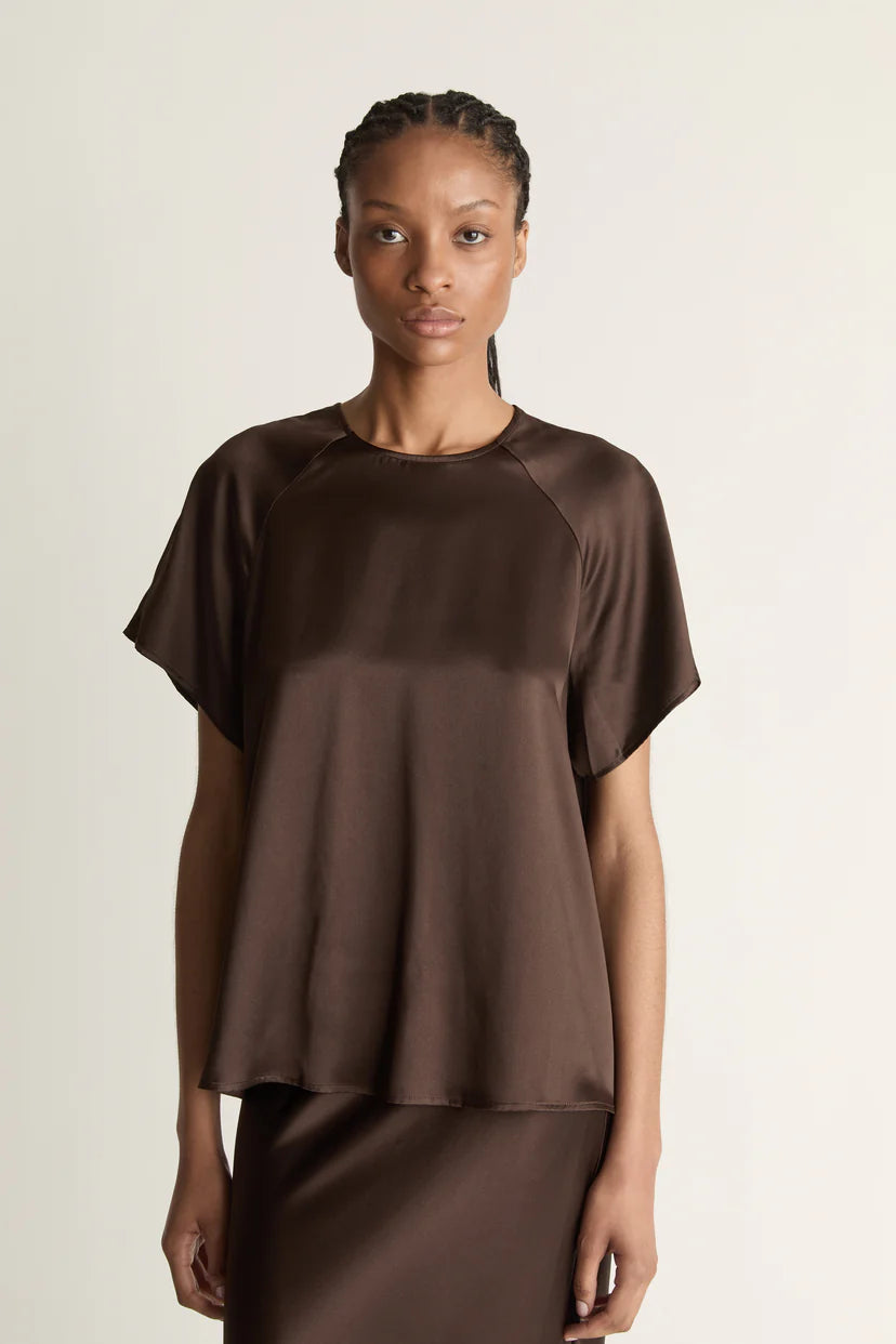 Lee Mathews Stella Silk Satin Raglan Tee in Chocolate