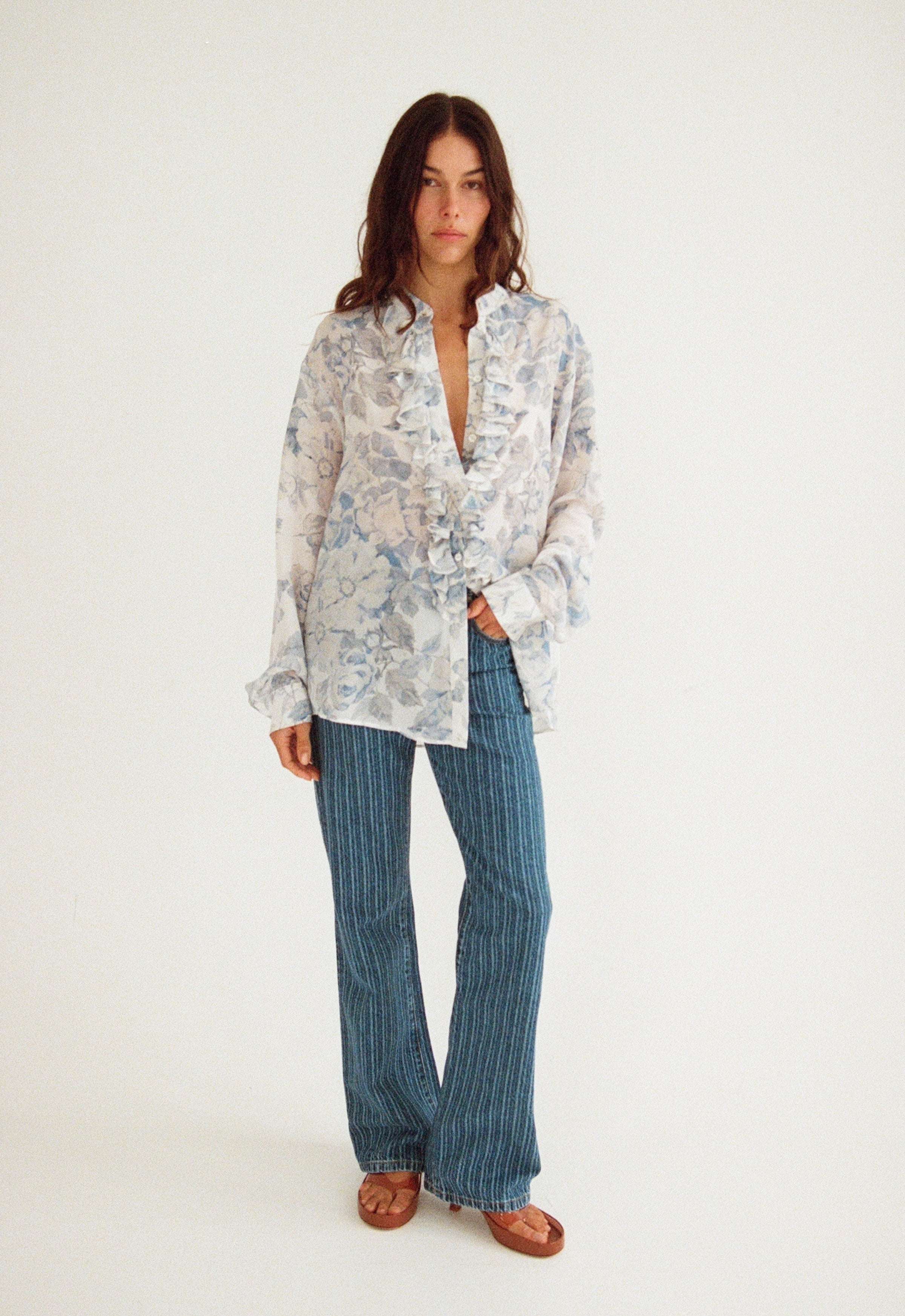 Maggie Marilyn For The Frill Of It Shirt in Vintage Blue Floral - side view