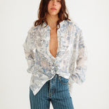 Maggie Marilyn For The Frill Of It Shirt in Vintage Blue Floral - detail view