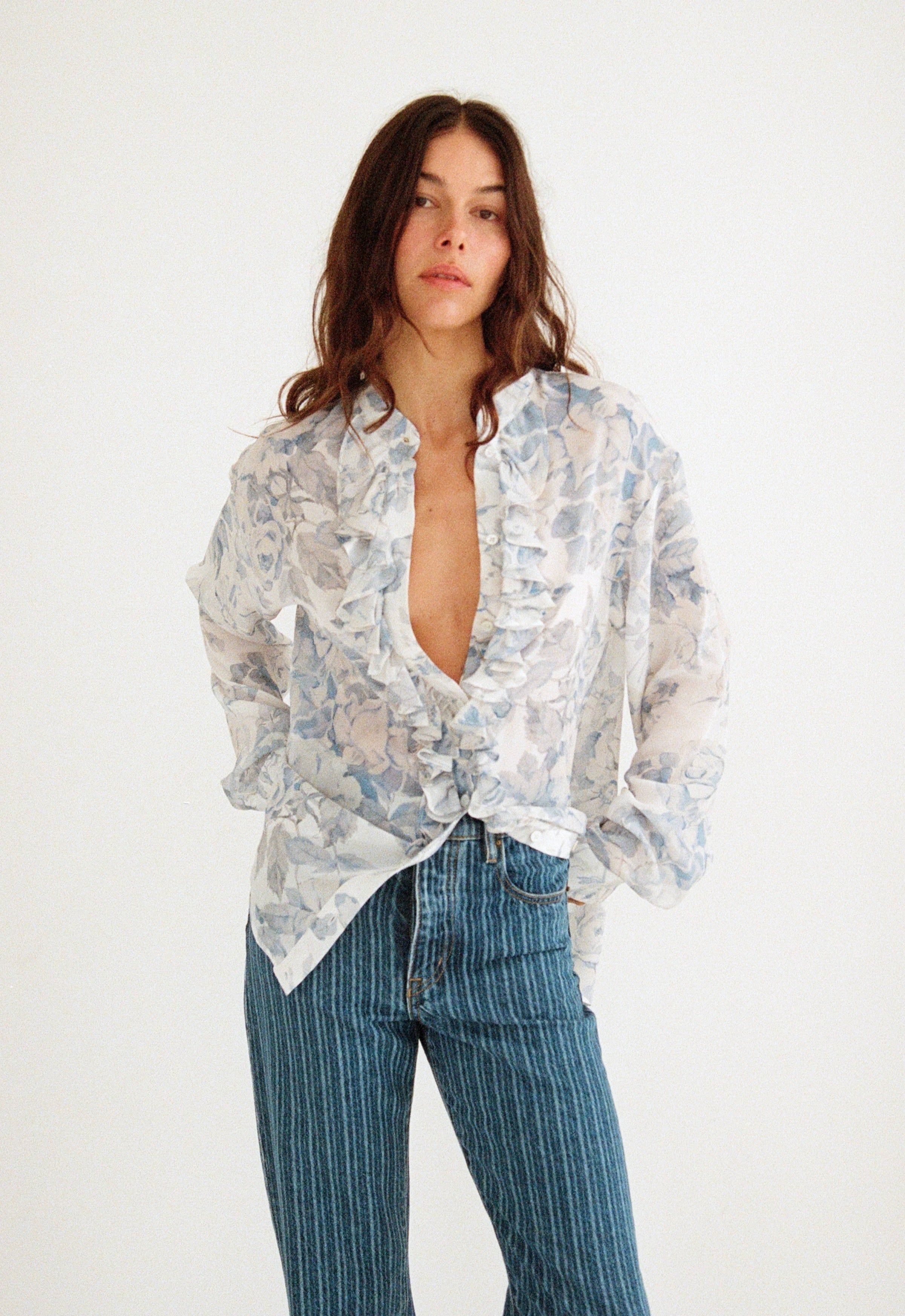Maggie Marilyn For The Frill Of It Shirt in Vintage Blue Floral - detail view