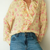 Maggie Marilyn For The Frill of It Shirt in Strawberry Dahlia on Butter Yellow