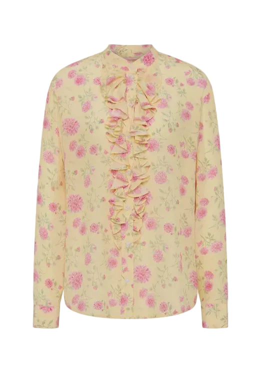 Maggie Marilyn For The Frill of It Shirt in Strawberry Dahlia on Butter Yellow