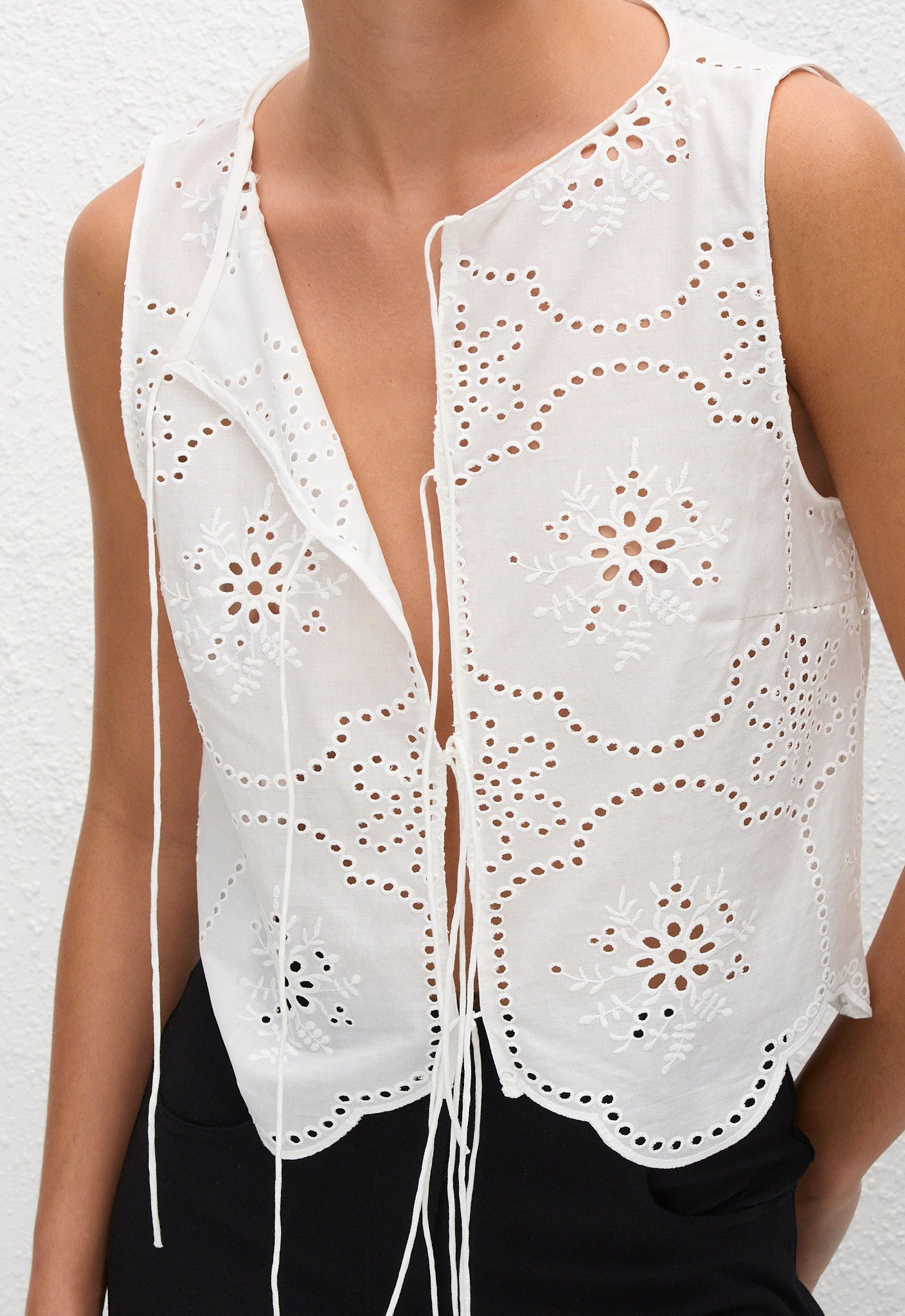 Matteau Broderie Tie Blouse in White - detail view