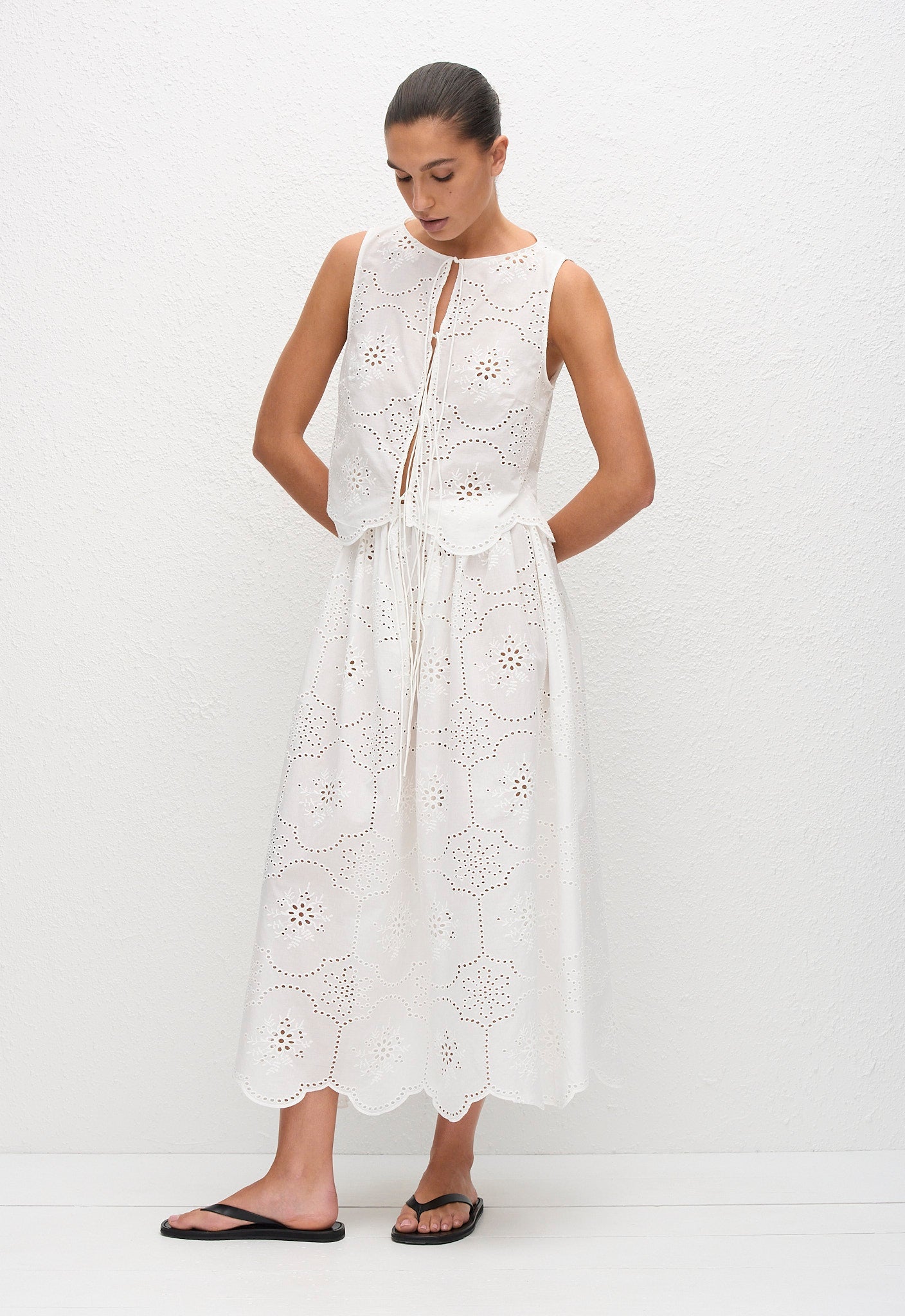 Matteau Broderie Tie Blouse in White - styled look