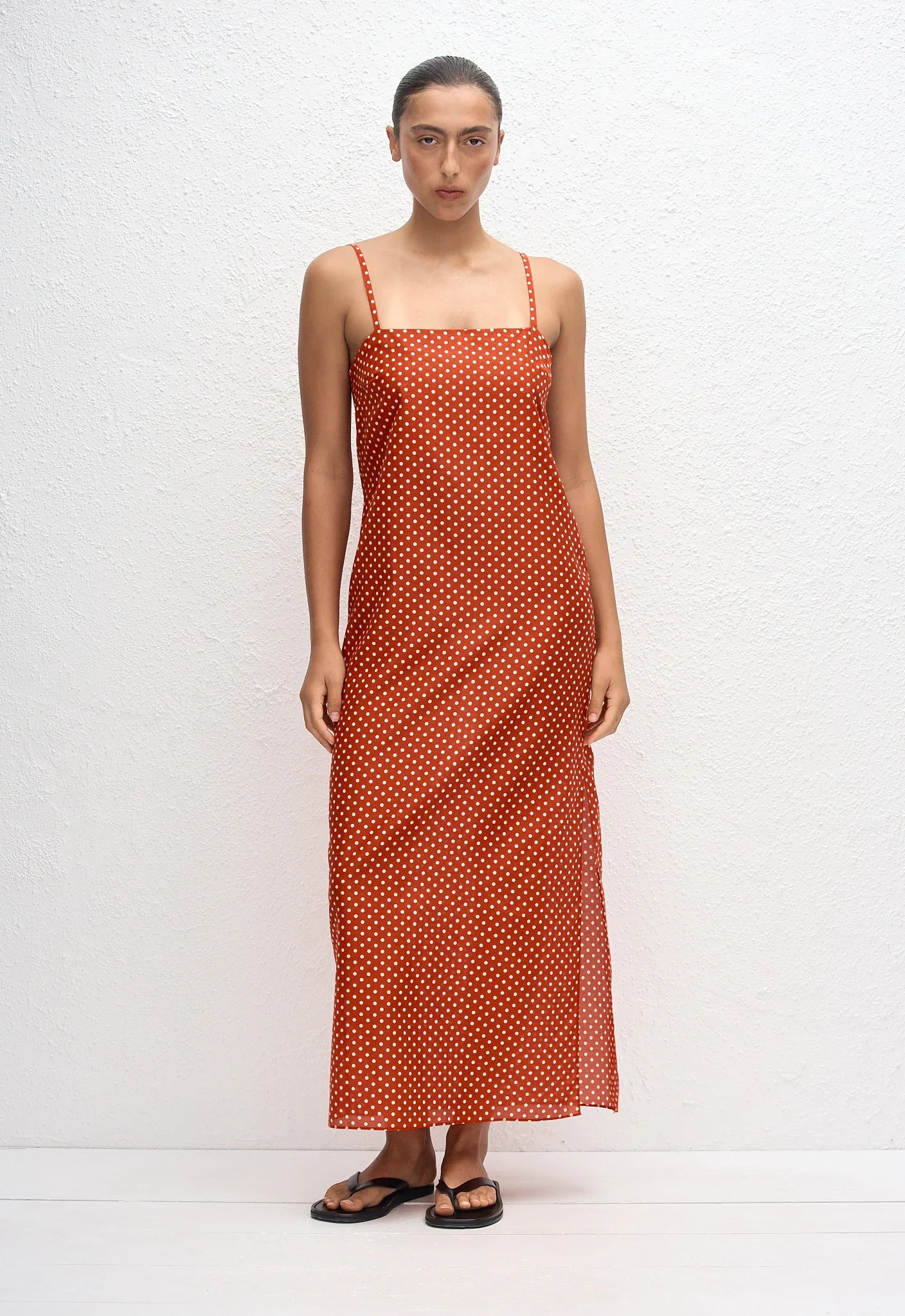 Matteau Square Shift Midi Dress in Tomato Polka Dot