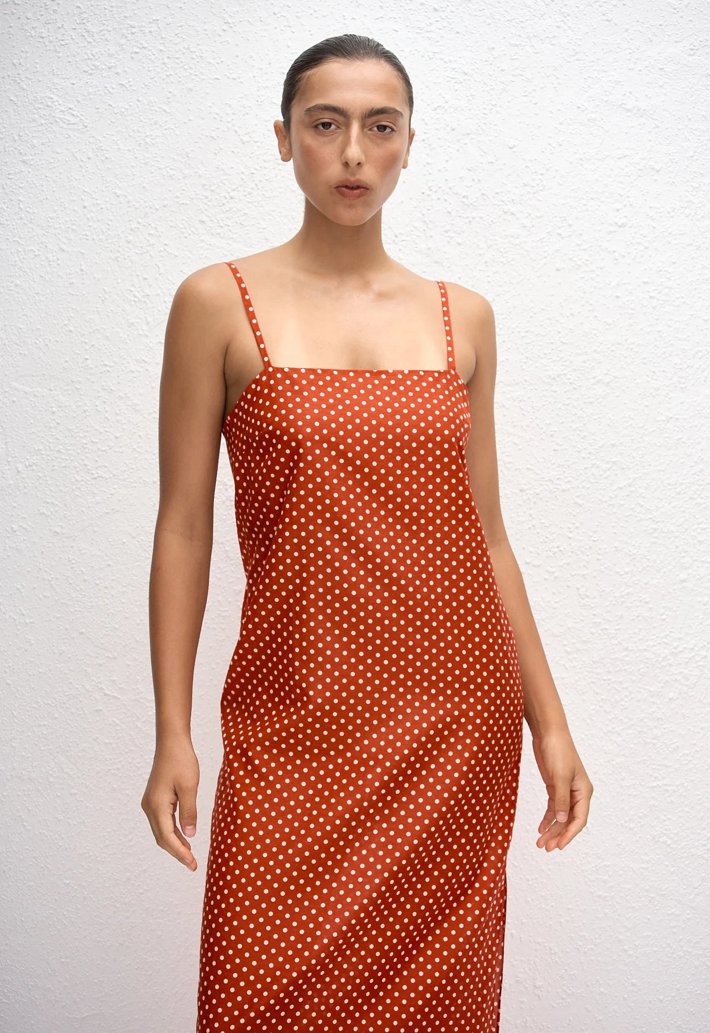 Matteau Square Shift Midi Dress in Tomato Polka Dot