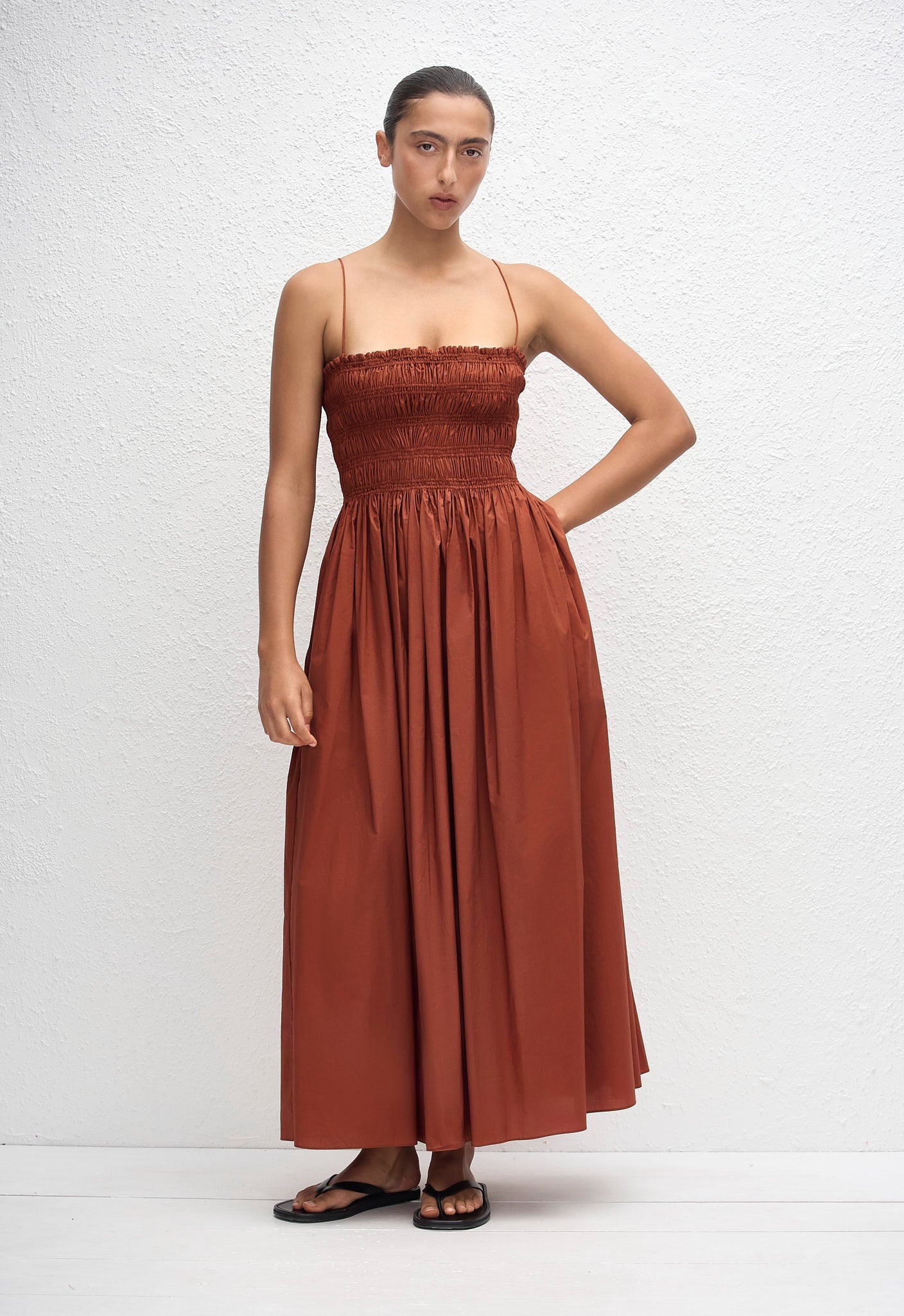Matteau Shirred Bodice Dress in Garnet - side view