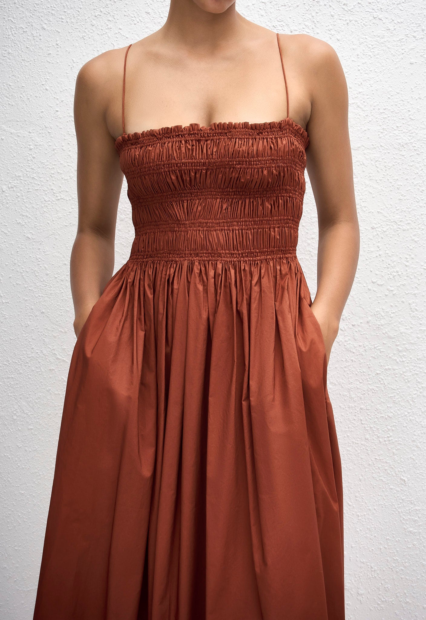 Matteau Shirred Bodice Dress in Garnet - detail view