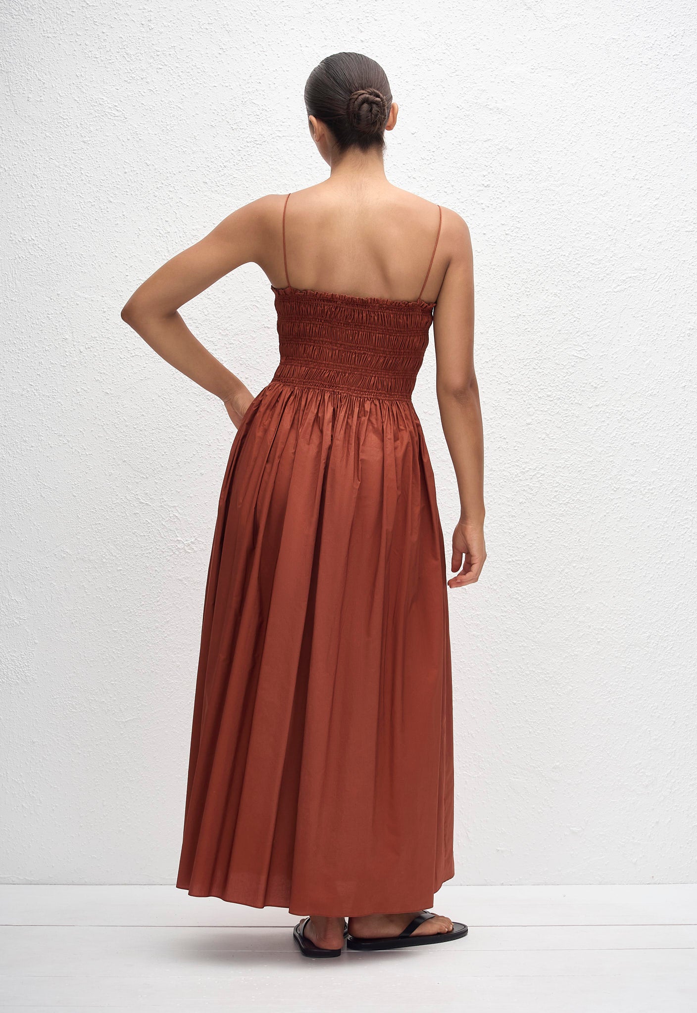 Matteau Shirred Bodice Dress in Garnet - styled look