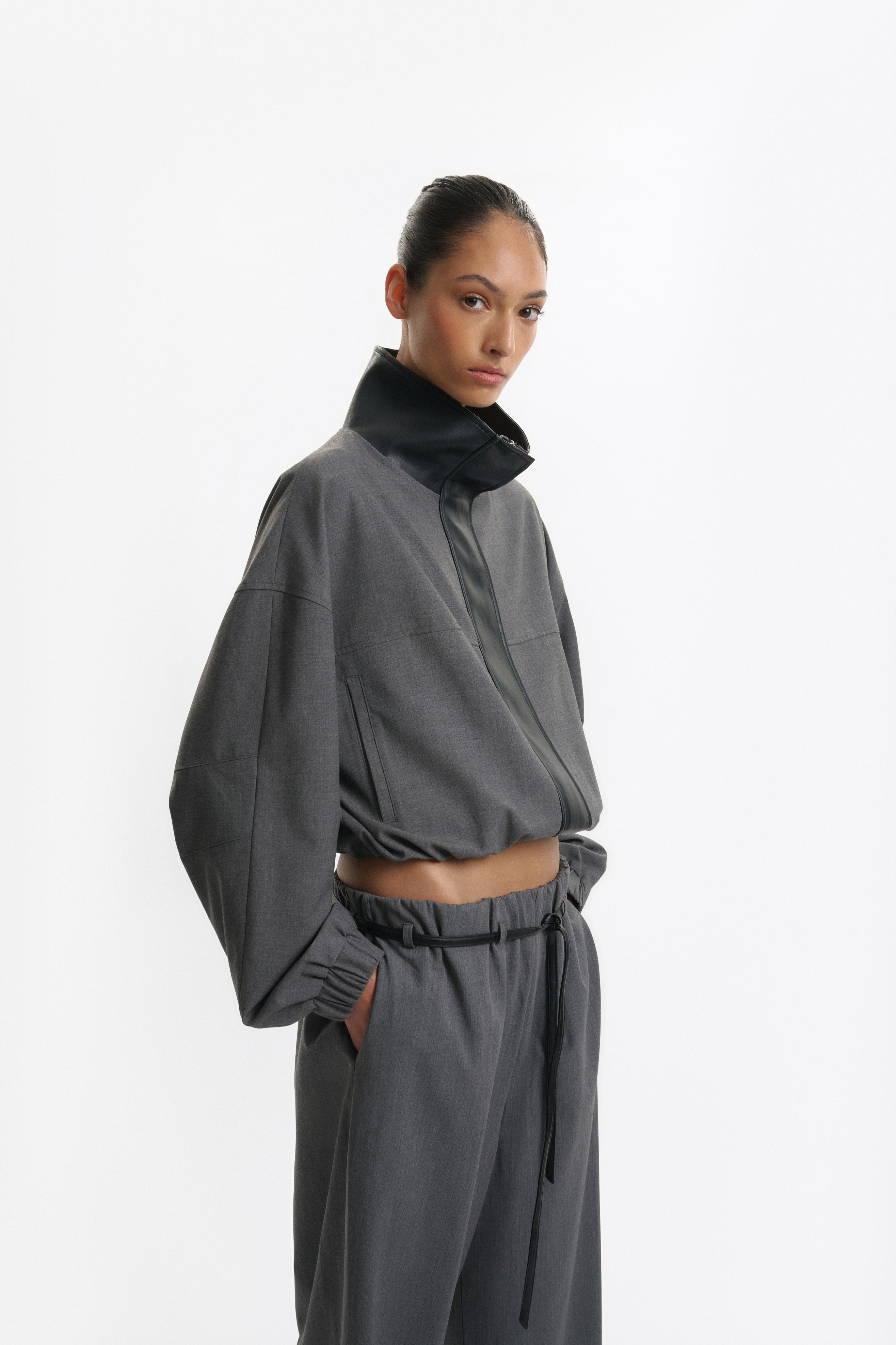 One Of Others Tove Bomber in Charcoal and Black - close up