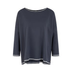 A dark navy blue long-sleeve top with white contrast trim along the neckline, cuffs, and hem, displayed against a light gray background.