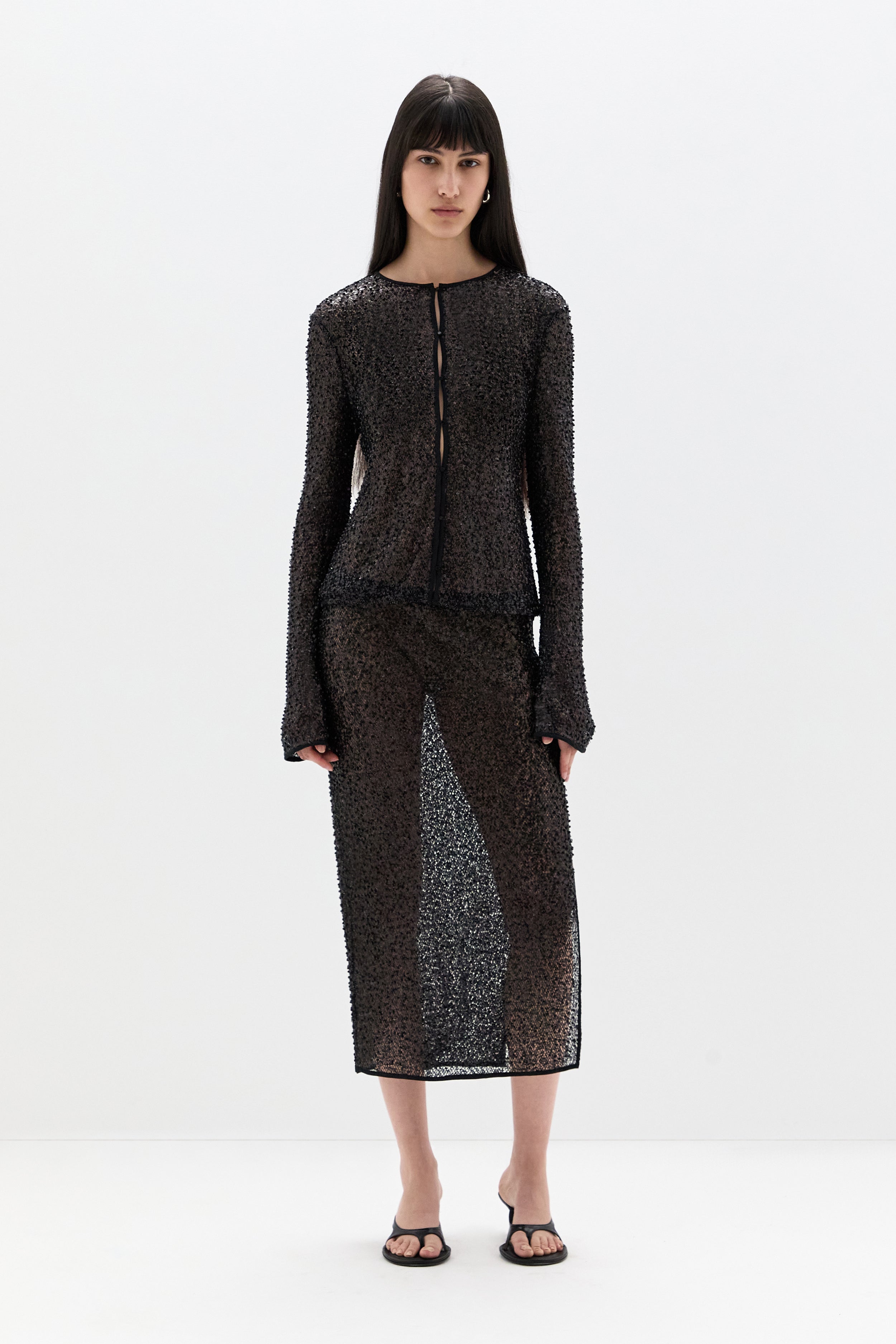 Sir Cassia Sequin Button Down Top in Black - close up