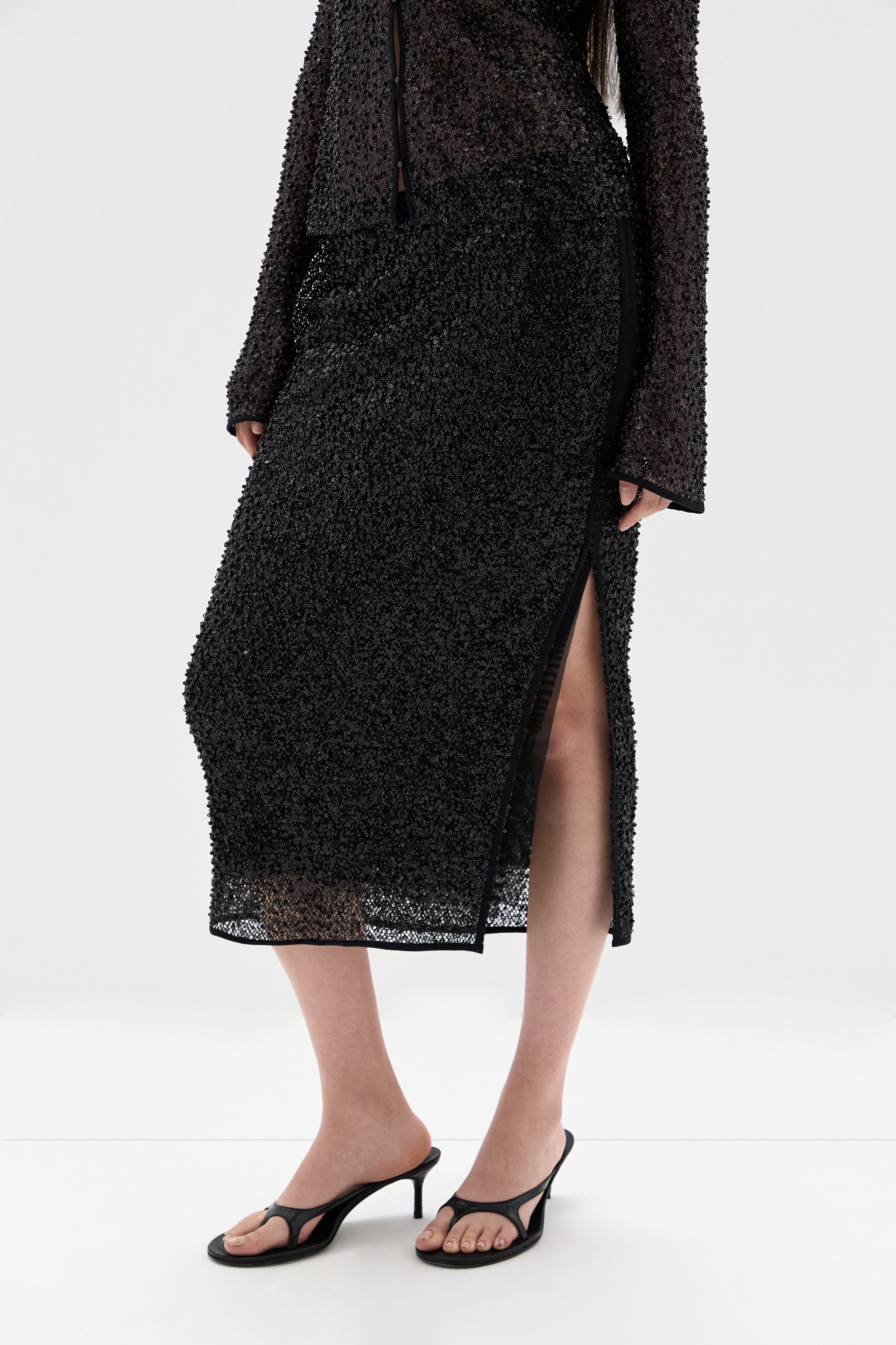 Sir Cassia Sequin Midi Skirt in Black - outfit inspiration