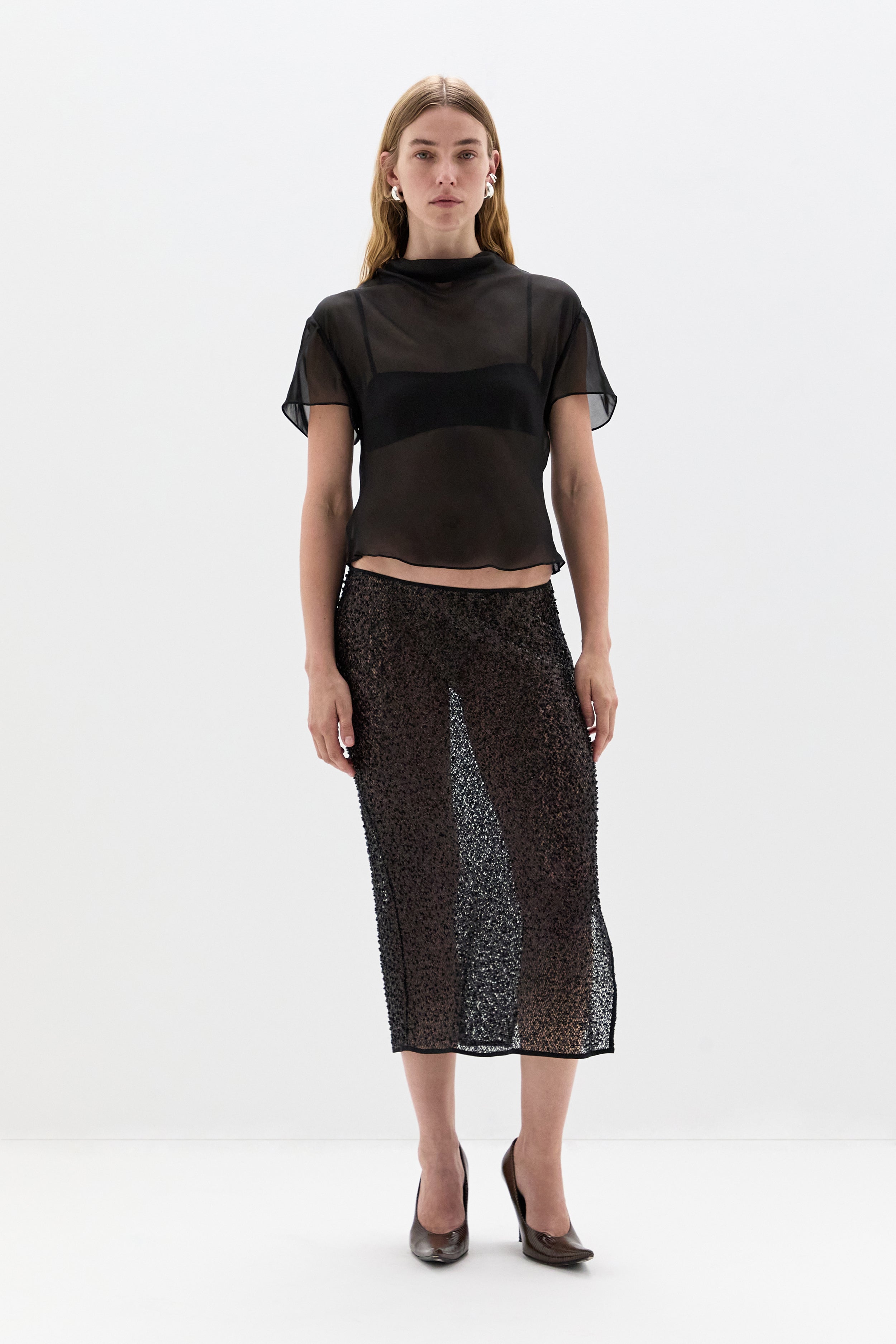 Sir Cassia Sequin Midi Skirt in Black - close up