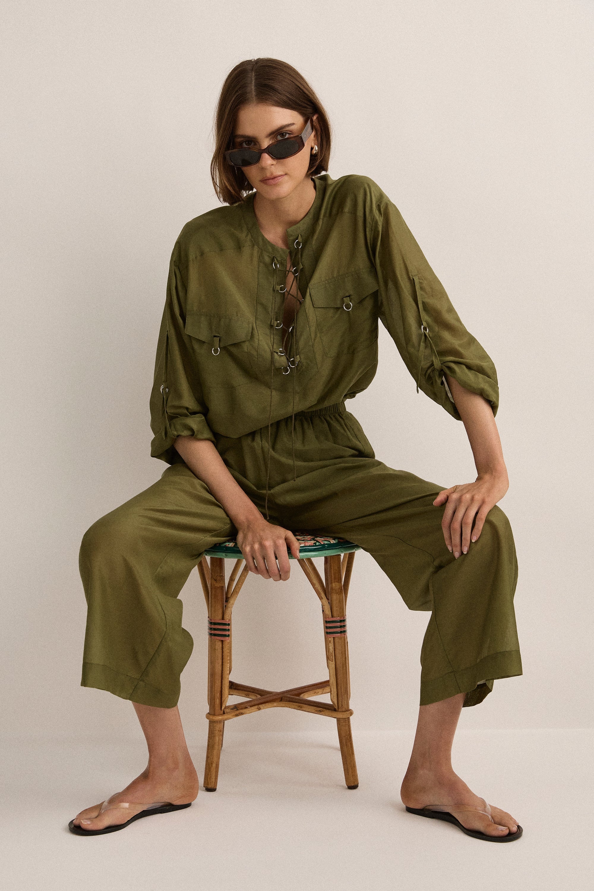 Sarah-Jane Clarke Eyelet Kaftan in Safari Green