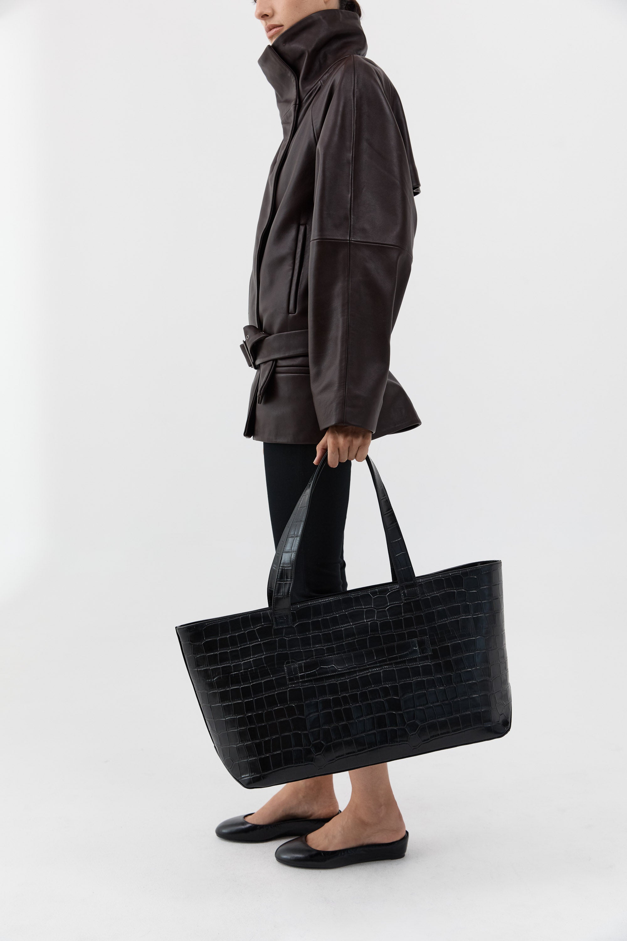 St Agni Carryall Tote in Croc Embossed Black - outfit inspiration
