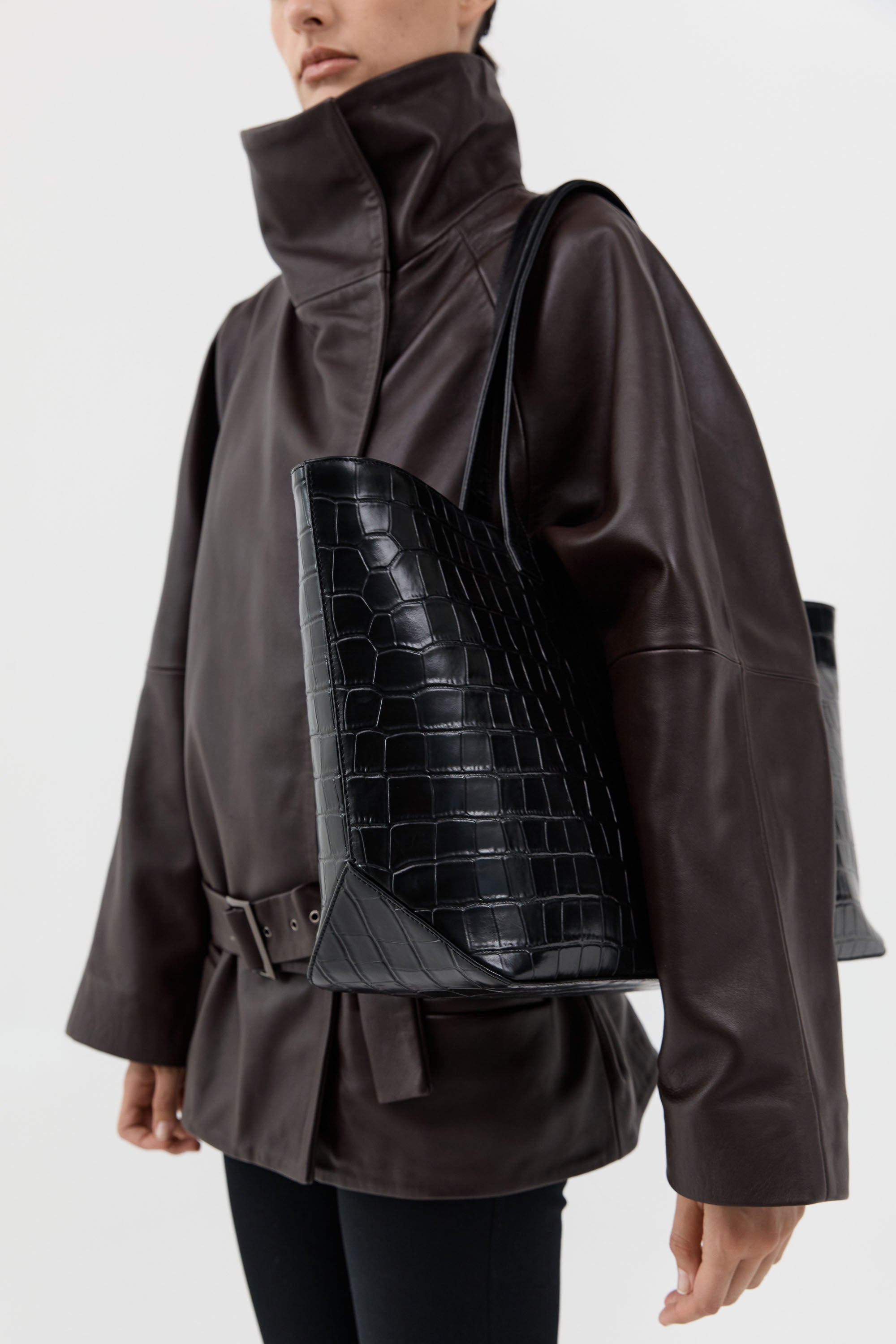 St Agni Carryall Tote in Croc Embossed Black - close up