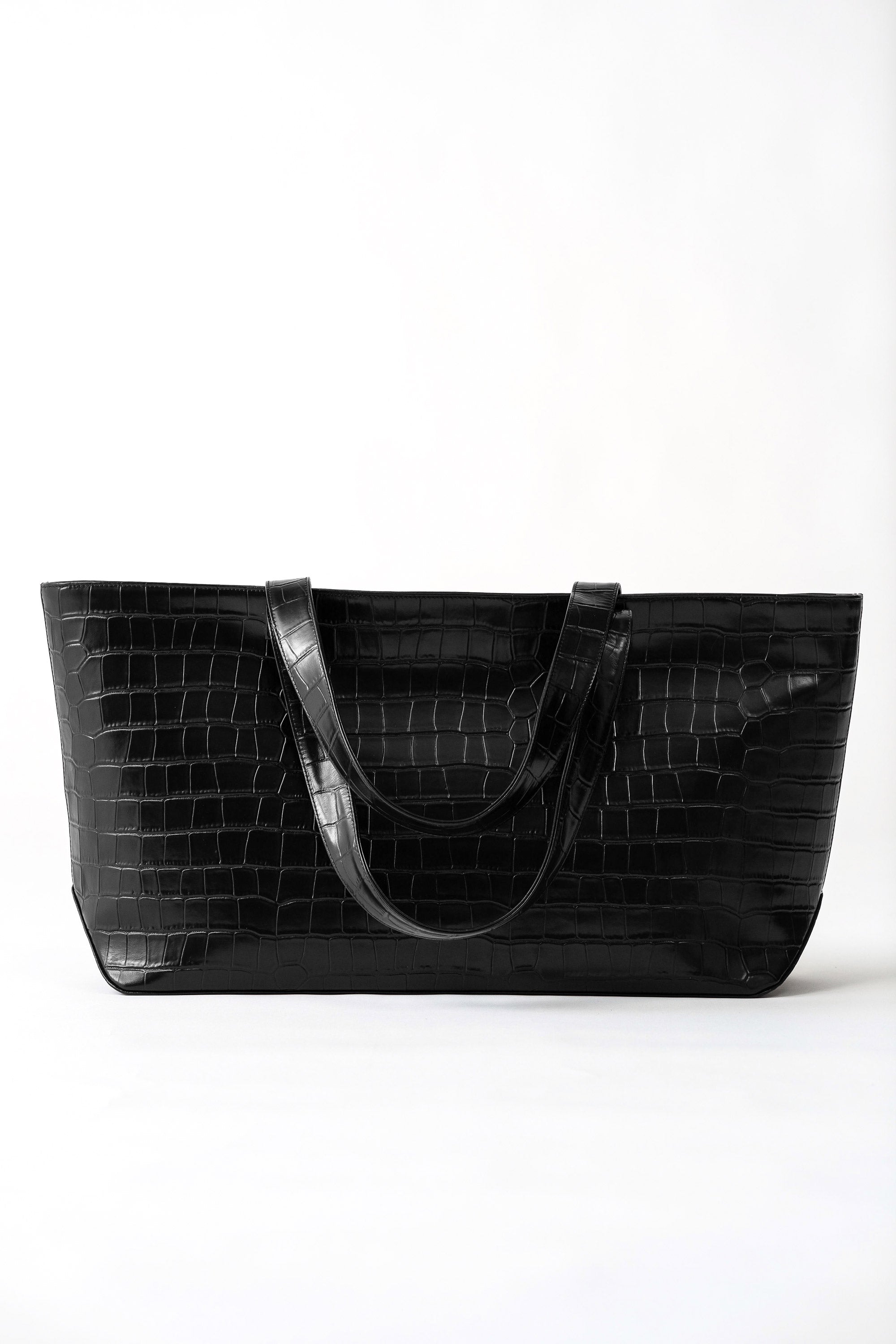St Agni Carryall Tote in Croc Embossed Black - close up