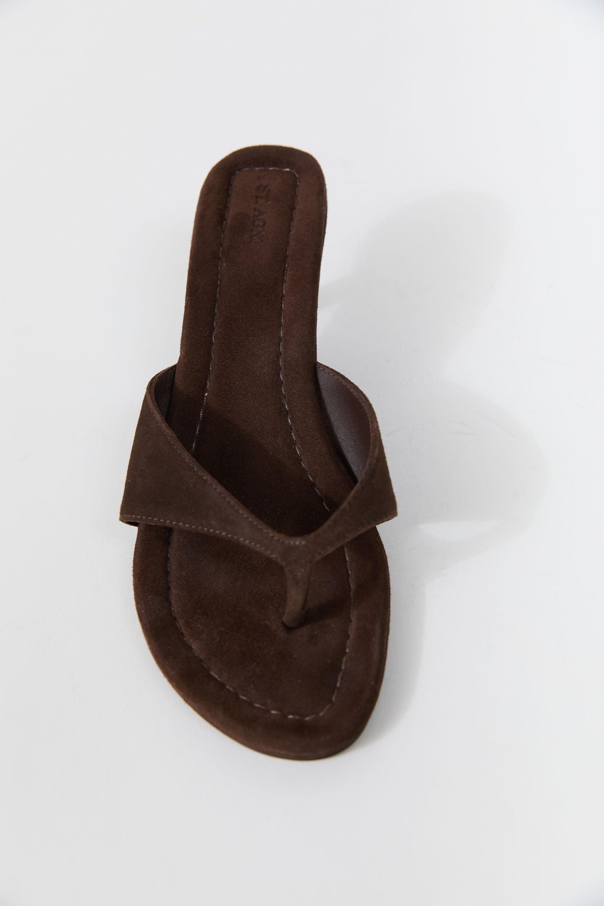 St Agni Everyday Thong Heel 50 in Coffee Suede - detail view