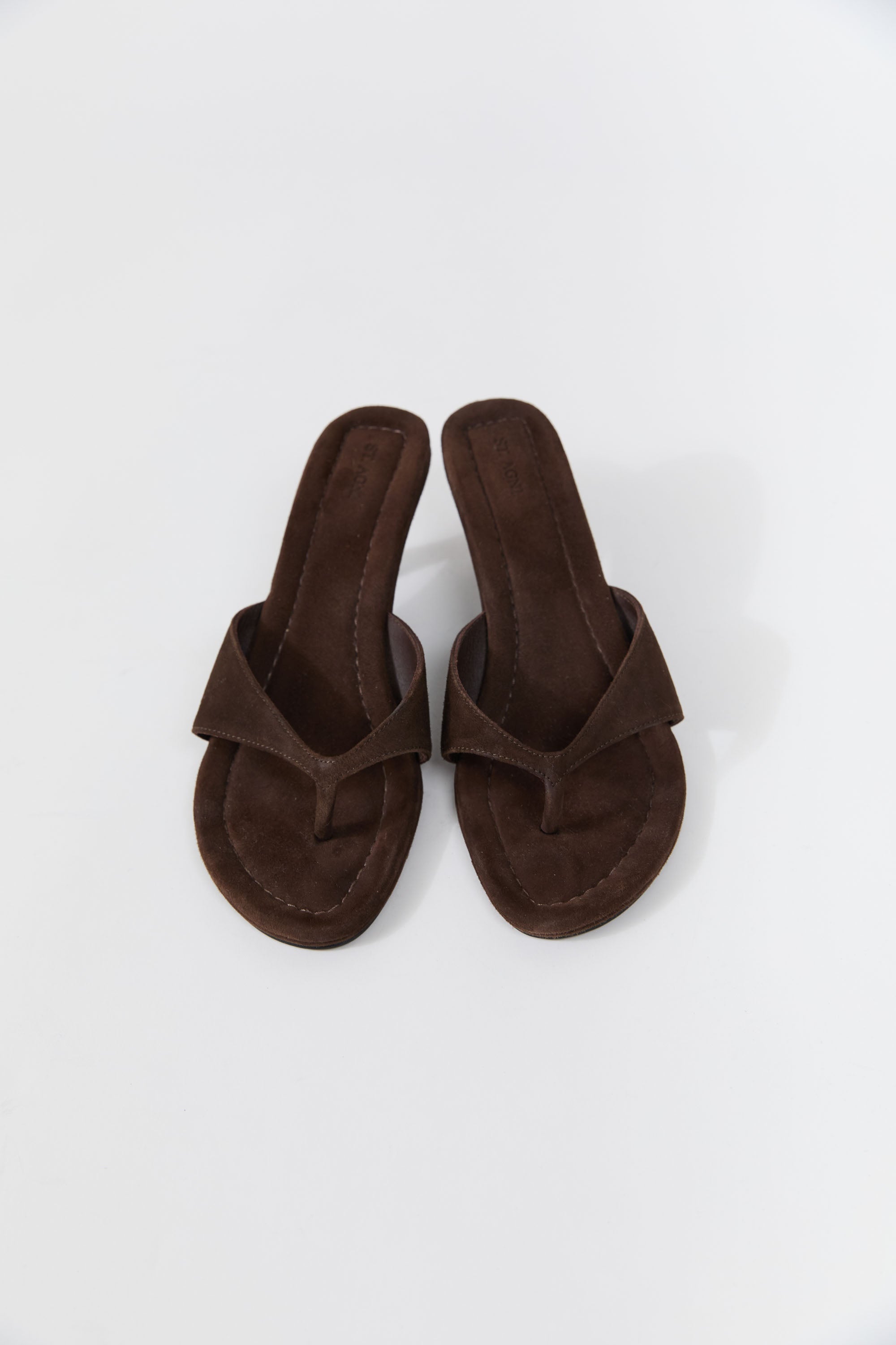 St Agni Everyday Thong Heel 50 in Coffee Suede - close up