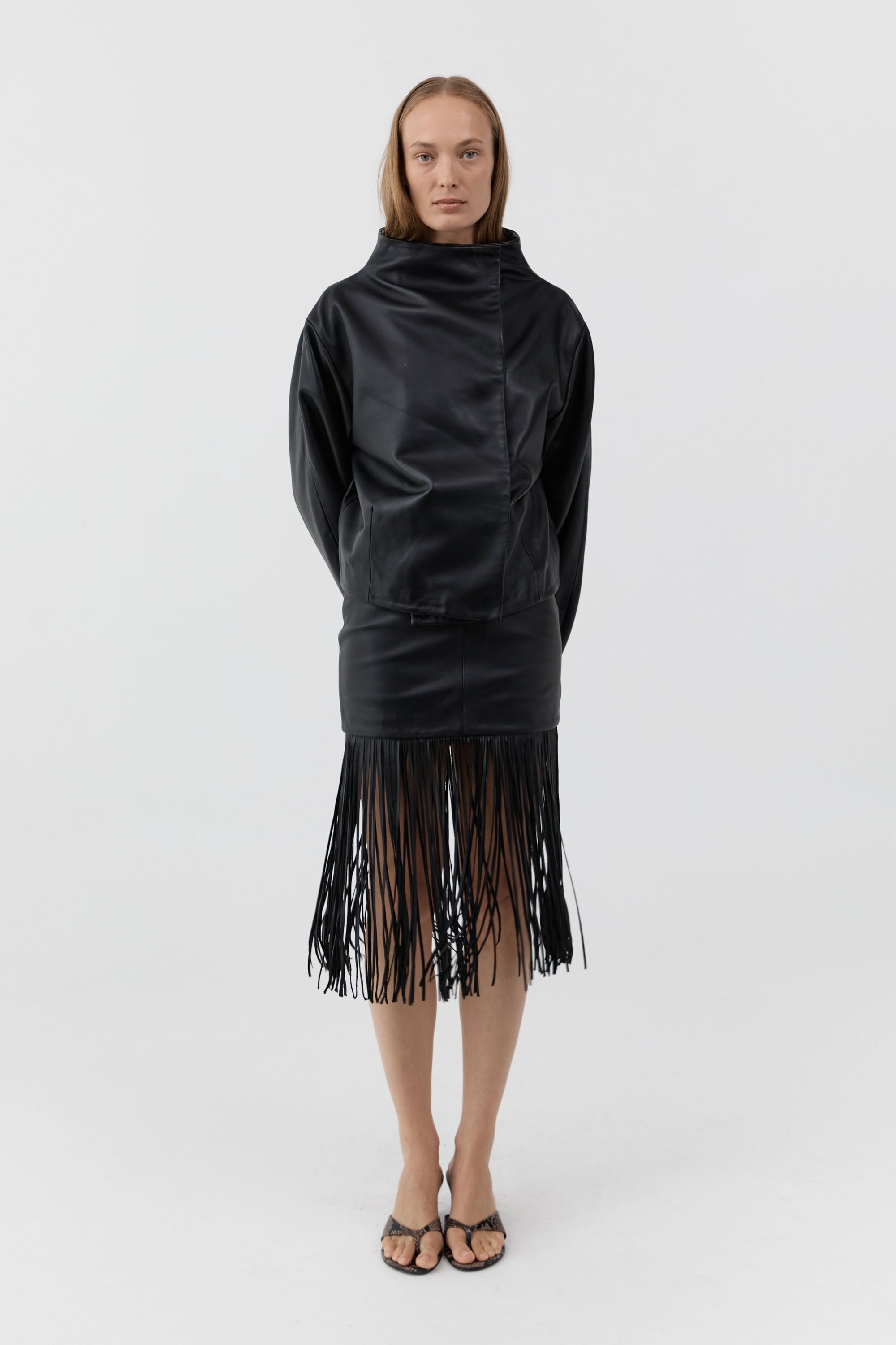 St Agni Leather Fringe Skirt in Black - side view