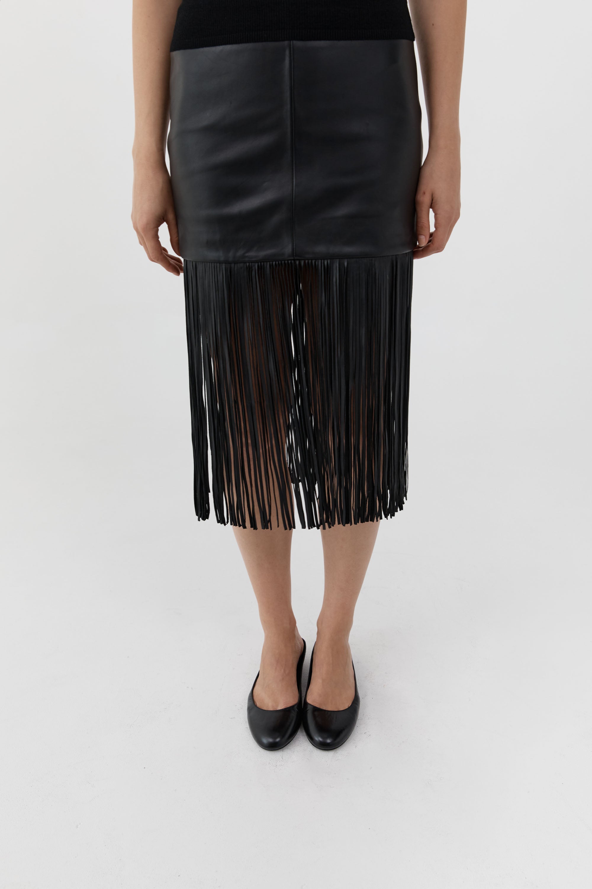 St Agni Leather Fringe Skirt in Black - detail view