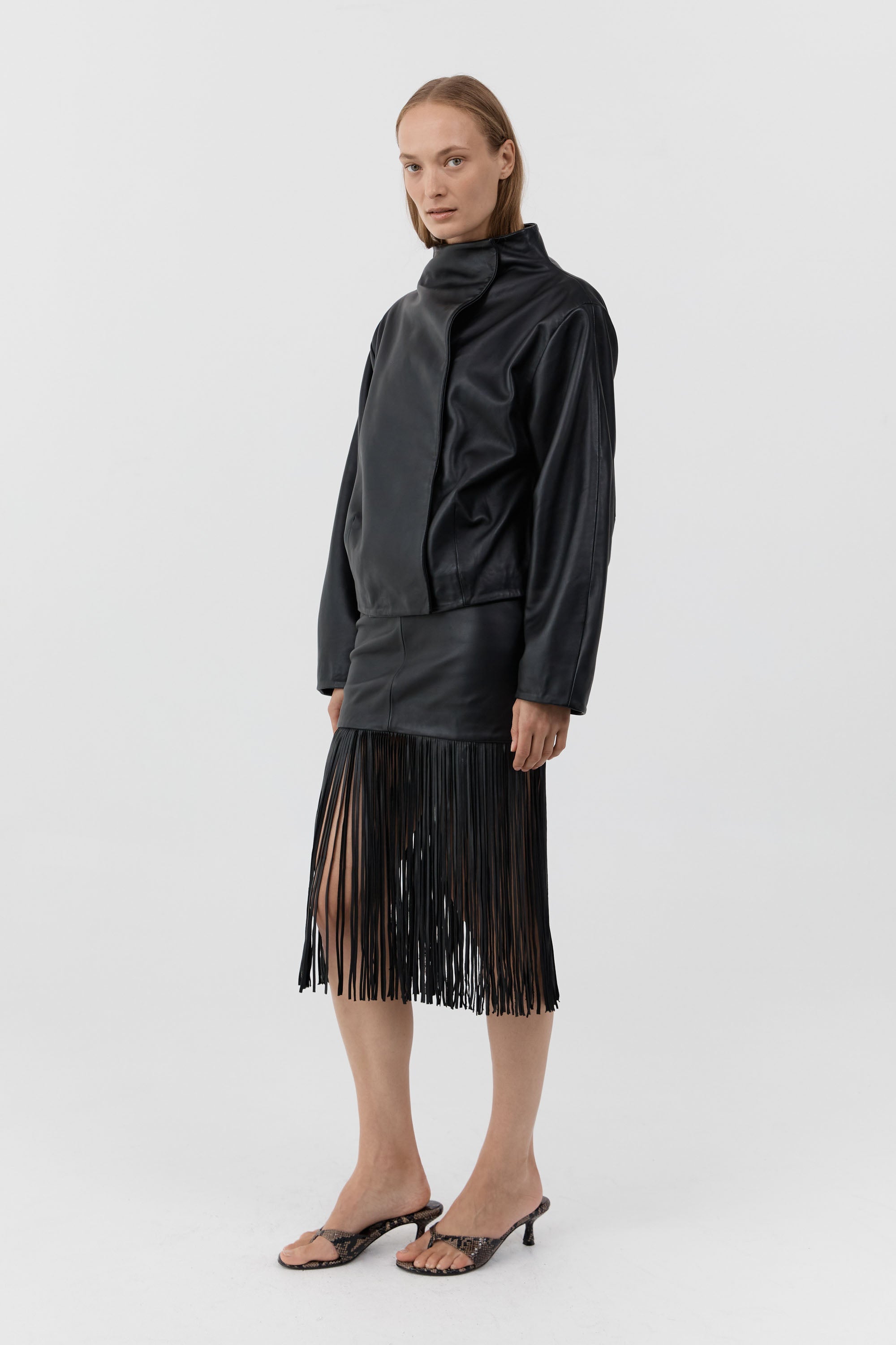 St Agni Leather Fringe Skirt in Black - styled look