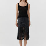 St Agni Leather Fringe Skirt in Black - close up