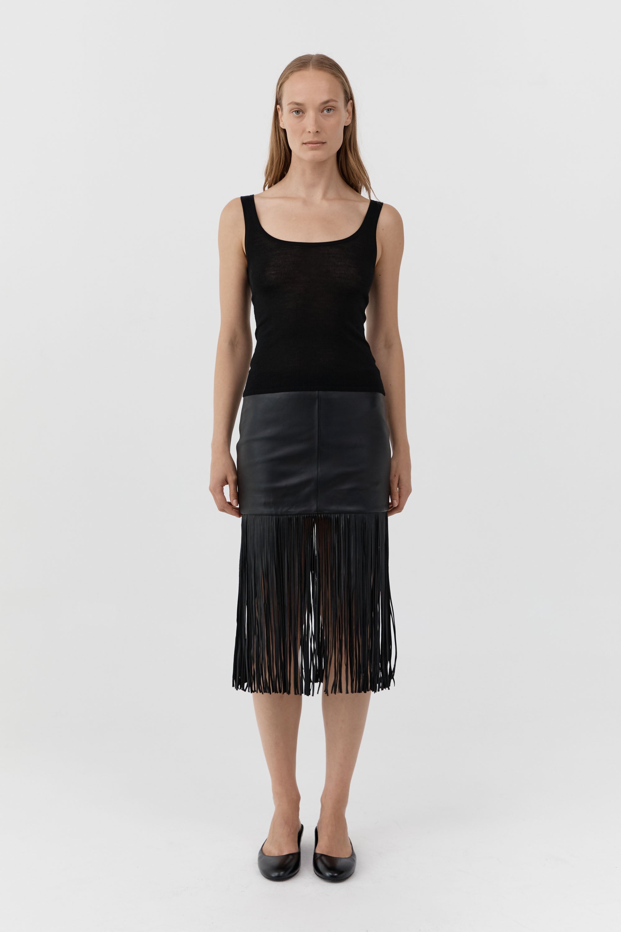 St Agni Leather Fringe Skirt in Black - close up