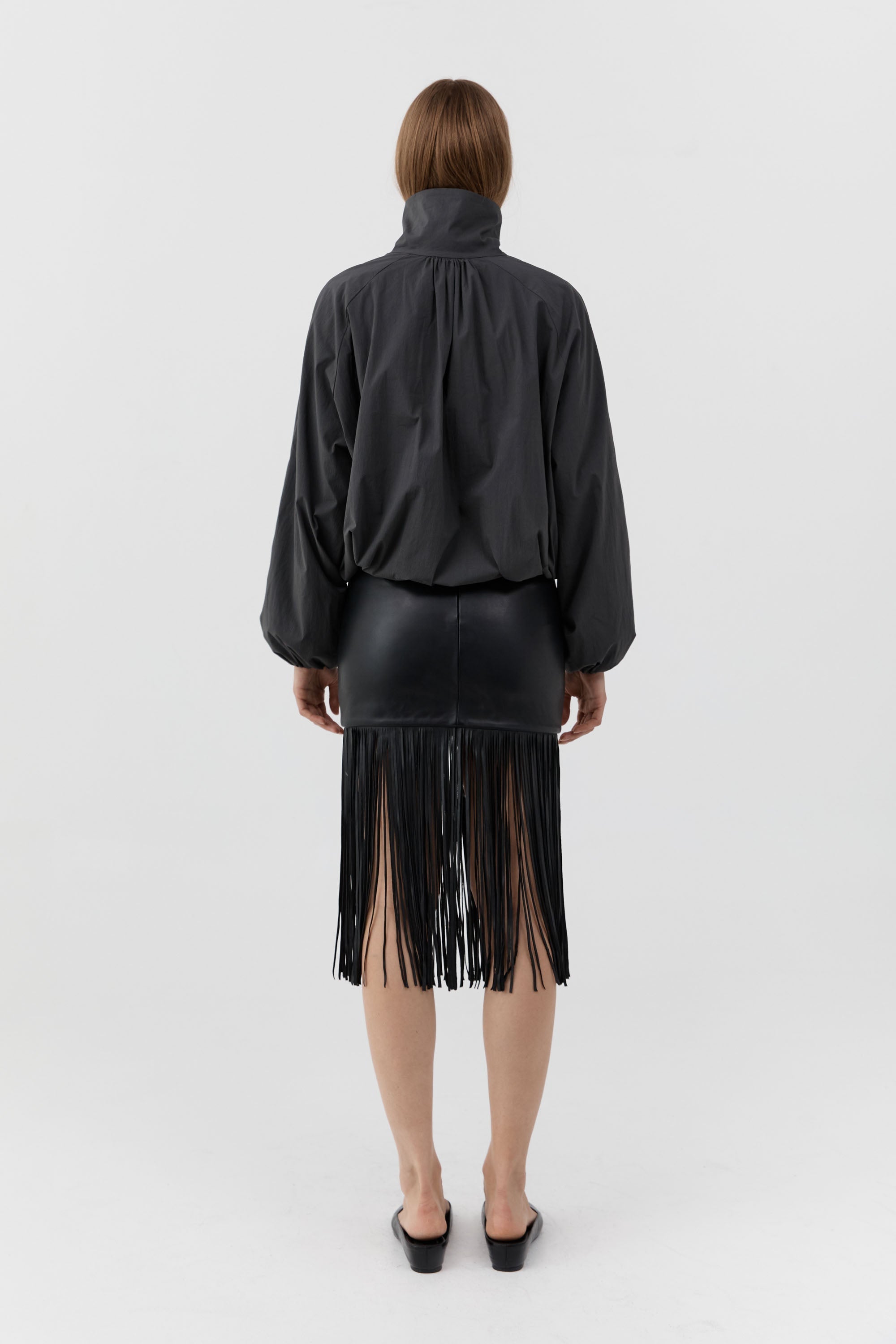 St Agni Leather Fringe Skirt in Black - close up
