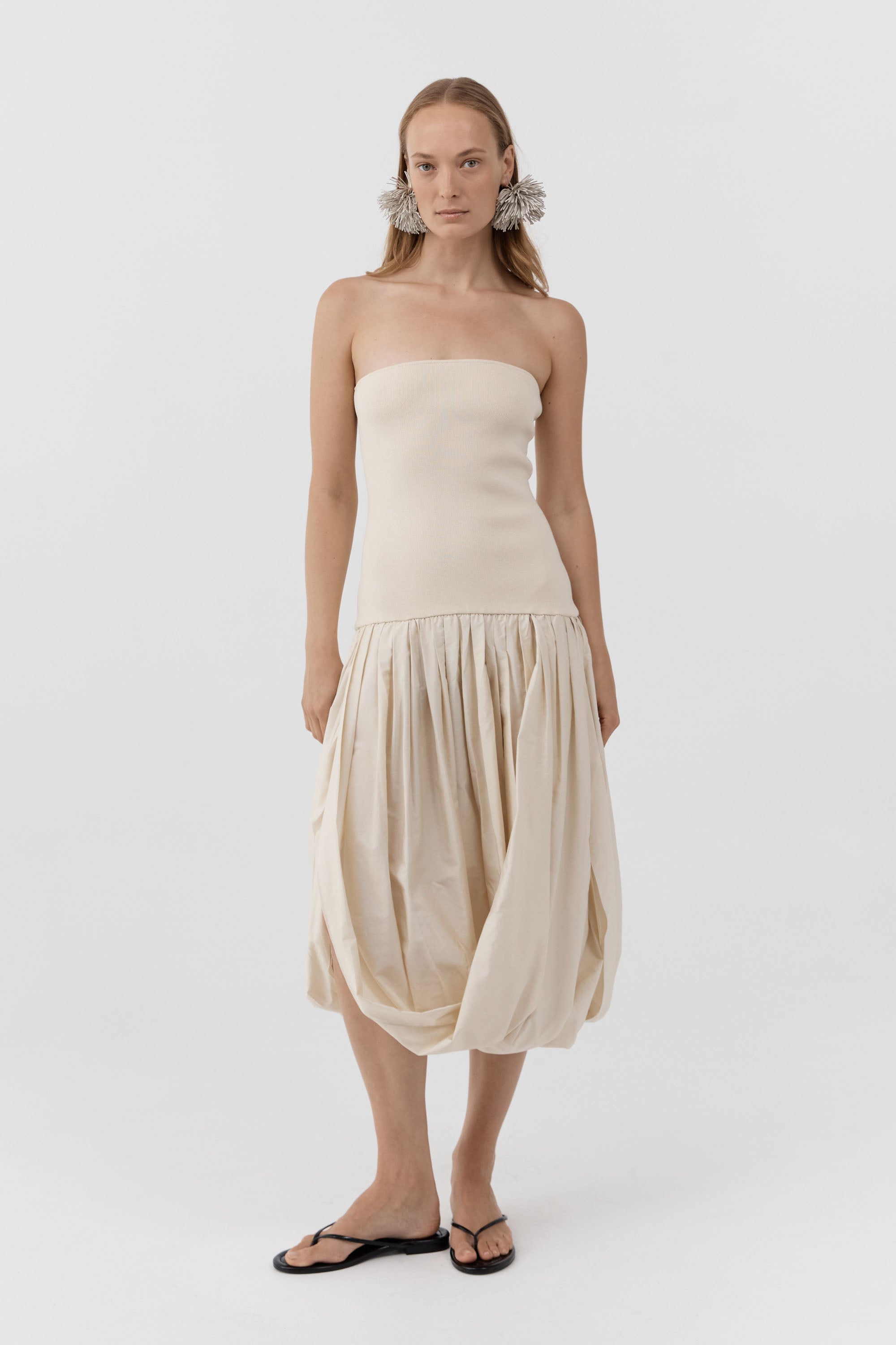 St Agni Raw Silk Asymm Balloon Dress in Cloud Cream - side view