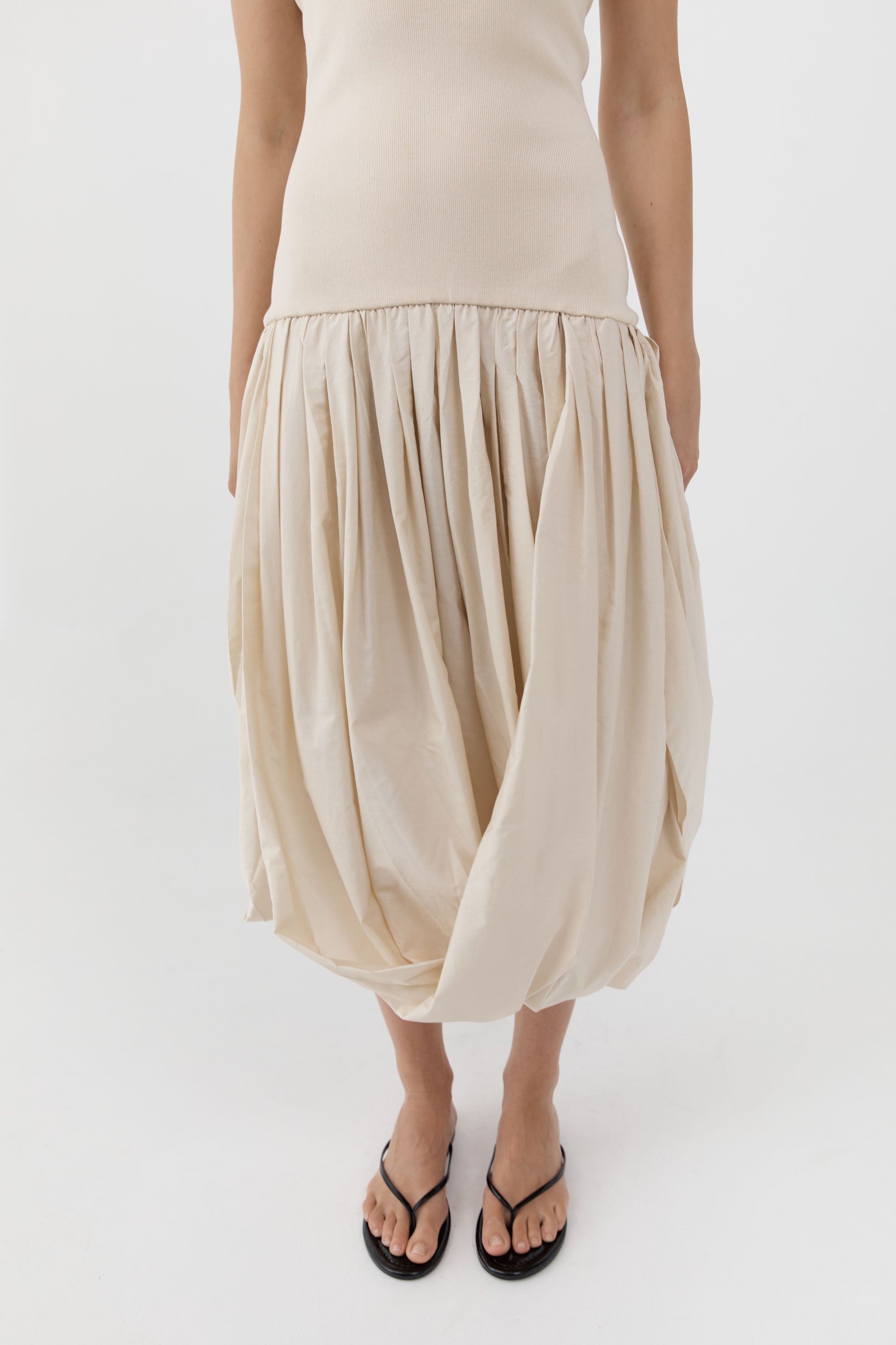 St Agni Raw Silk Asymm Balloon Dress in Cloud Cream - detail view