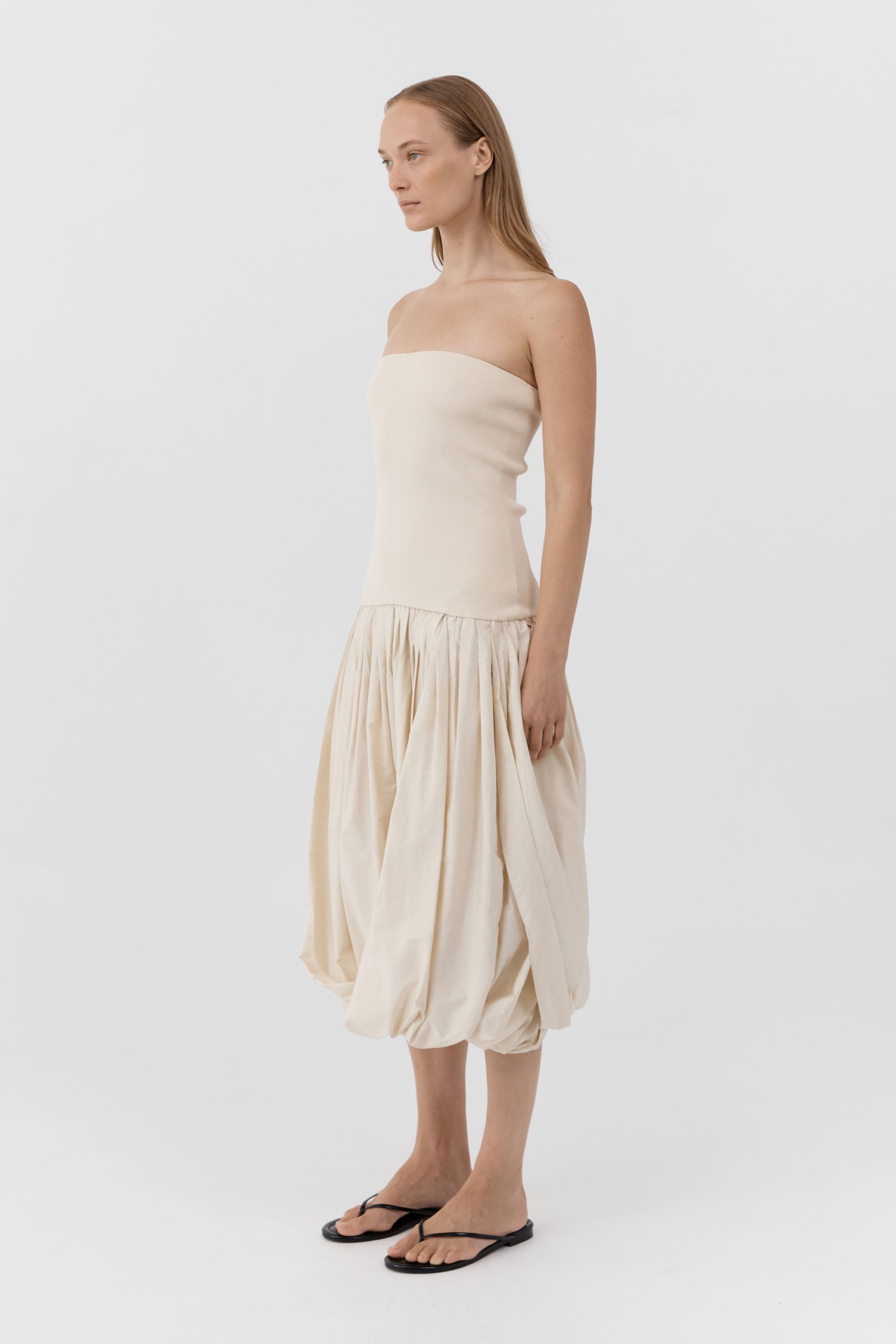 St Agni Raw Silk Asymm Balloon Dress in Cloud Cream - styled look