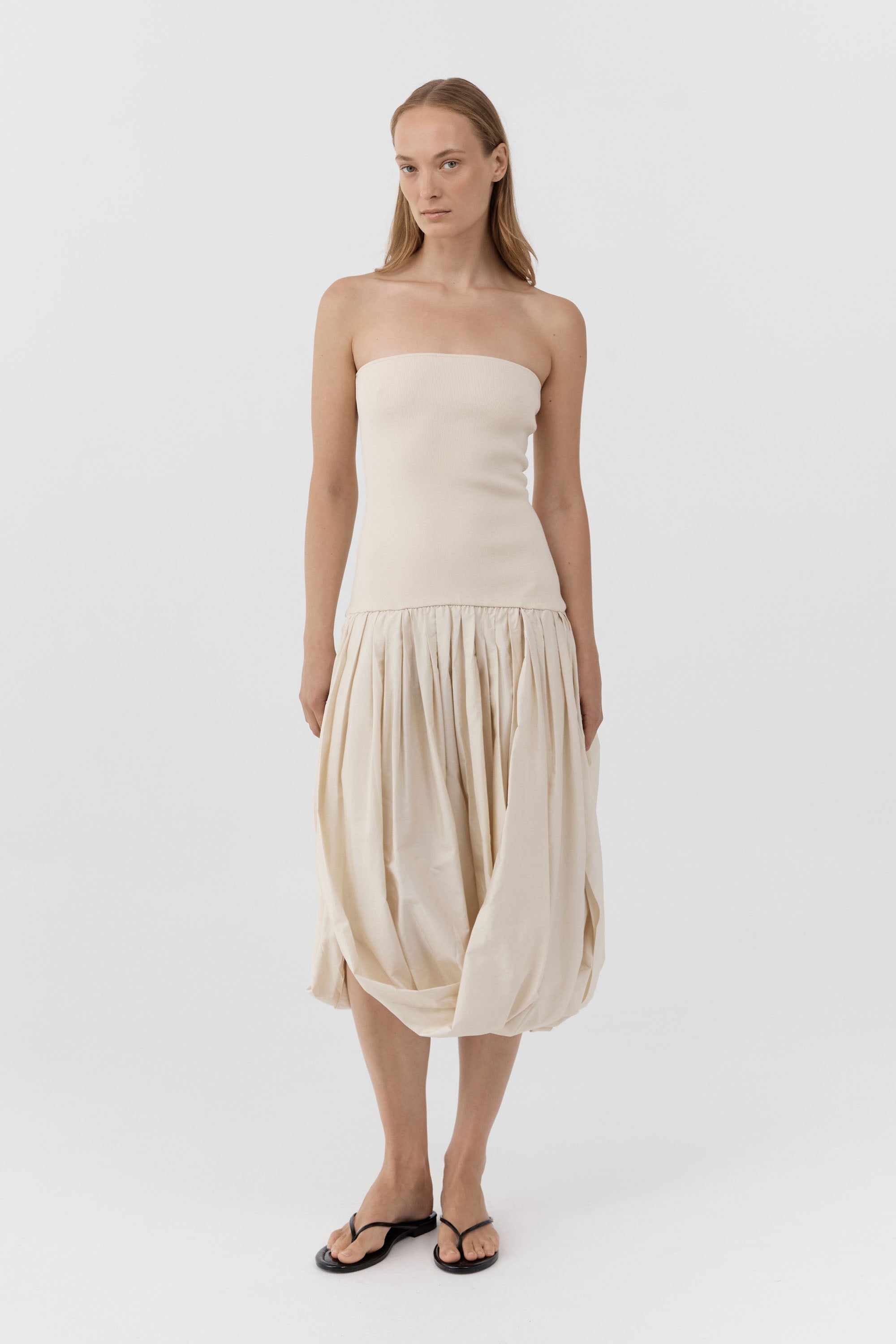 St Agni Raw Silk Asymm Balloon Dress in Cloud Cream - close up