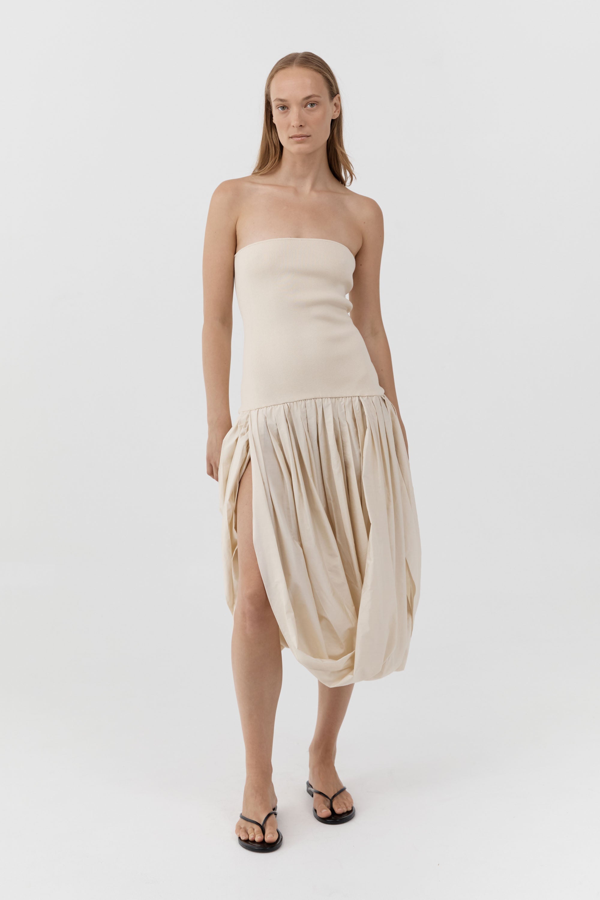 St Agni Raw Silk Asymm Balloon Dress in Cloud Cream - close up